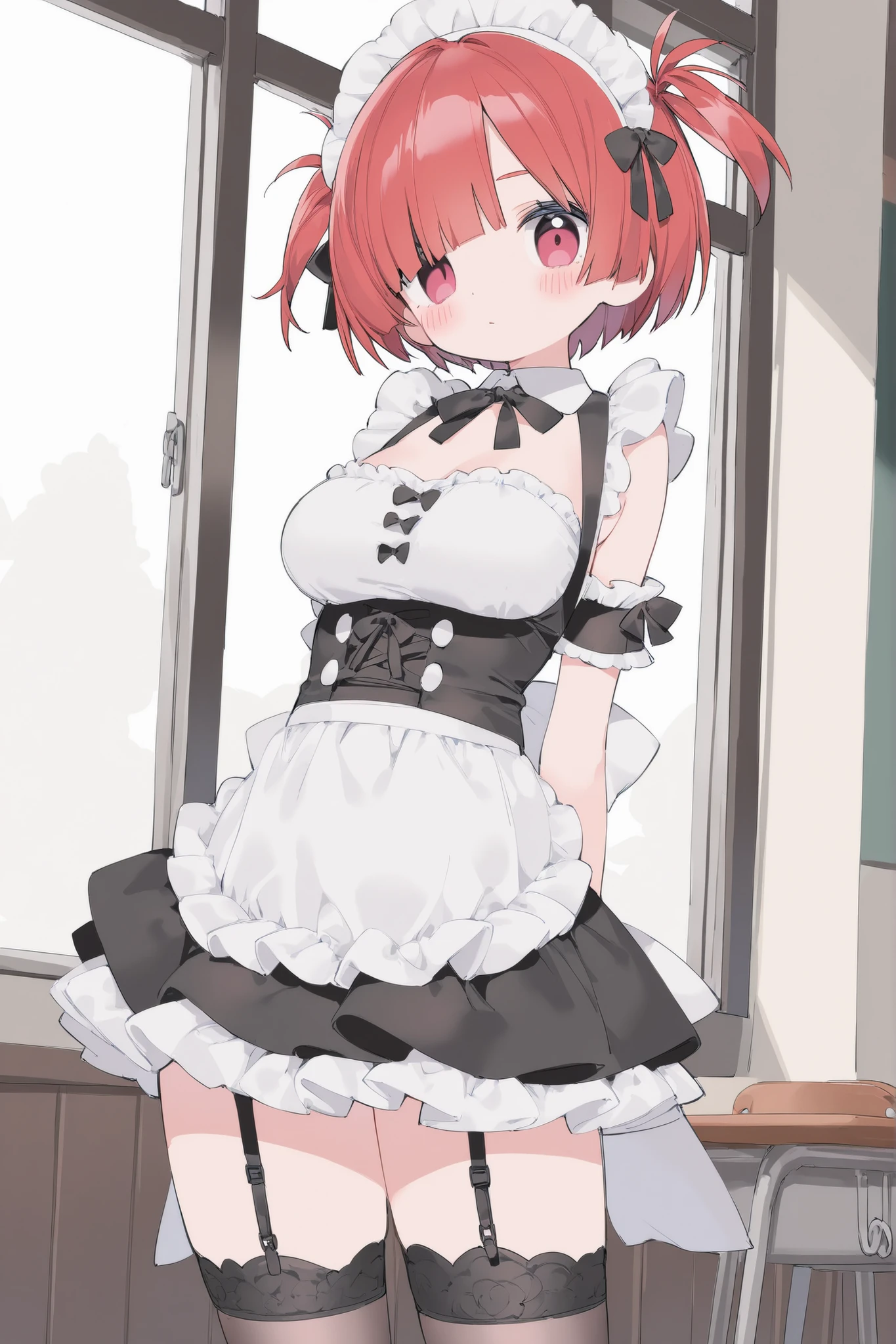 Kobayashi, (Bust size very very small.)), (flat chest:1.2), Posing embarrassed, Sexy Maid Dress, maid bikini, frills