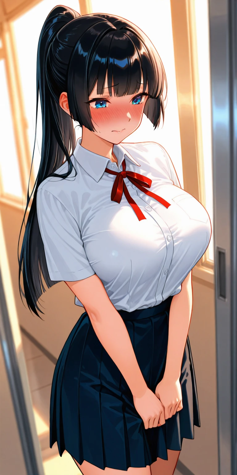 1 Girl, alone,  Brown eyes, Black Hair, Long Hair,Half Up、 (White nurse uniform:1.4),nurse、White clothes hospital, Hospital room、blue sky、Very large breasts、Exposing the breasts、Bare your breasts、Nipples are visible、blush、Embarrassing、Frightened face、in trouble、A lot of milk comes out of the nipples、Breast milk squirts out of the nipples、very short skirt、Micro Mini Skirt、The shape of a woman&#39;s private parts is clearly visible、vibrator in thighhighs、The crotch is wet with love juice、Love juice is dripping from the crotch、White Pantyhose