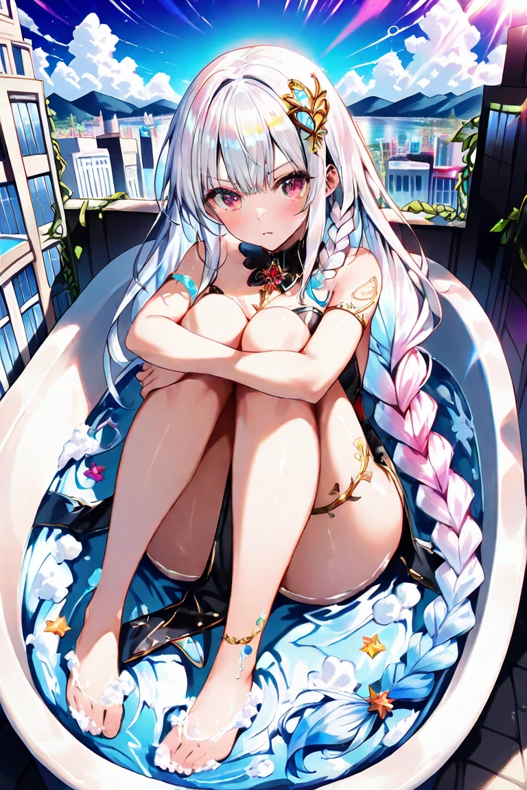 a girl, sexually suggestive, sitting, full color, Long white hair, Red eyes ,Eyeliner, Red, open air, Rose, night, ruins, Butterfly,mine same as the original, mine, , (:1.2) rest, (cheongsam), (view from below), (place one's arms behind one's back), (wild lift), thin dress, Crotch cutout, best quality, high resolution, unified 8k wallpaper, (illustration:0.8), (beautiful and delicate eyes:1.6), extremely detailed face, perfect lighting, Very detailed cg, (perfect hands, perfect anatomy), soles of feet,sitting,blond,red lips,Acting cute,((Feet close up)),Soon,Complete feet,white,close up, ((Nude)), ((naked)), ((from below:1.3)), ((beautiful feet, toes)), ((fully naked, no clothes)).