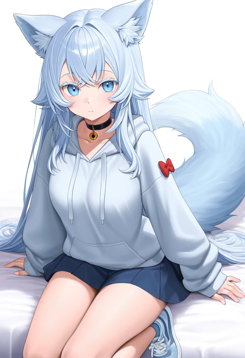 (a young black female wolf furry), black fur, short muzzle, cat-like face, white pattern between the eyebrows, white patterns from muzzle to between the eyebrows, white patterns on belly, white patterns on hand and legs, long white hair, straight bangs, brown eyes, kemomo, big tummy, young, chibi, little, cute background, fang, small mouth opened, glaceon poncho, grabbing poncho
