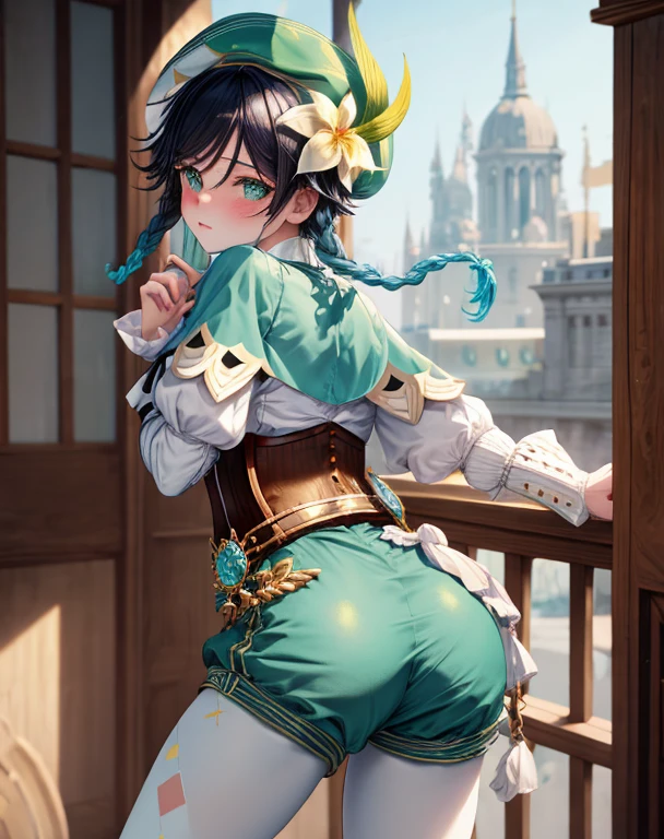 Masterpiece, Best Quality, Ventidef, beret, hat flower, white shirt, bow, long sleeves, frilled sleeves, corset, cape, green shorts, white pantyhose, Jewelry, brooch, bar, Blushing, lean, Back, behind, Shows ass, butt