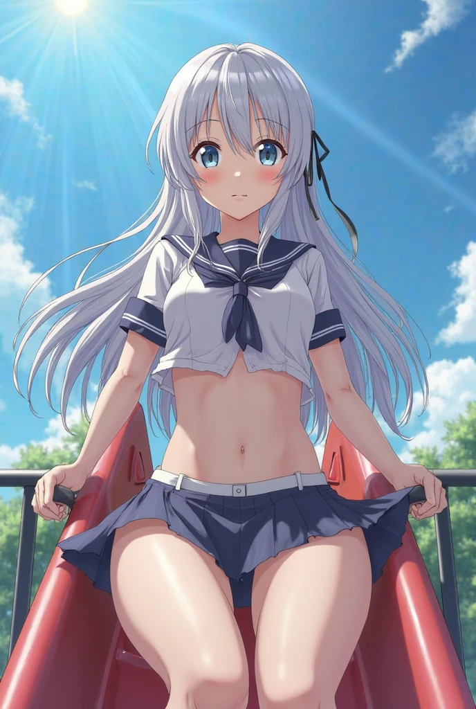 A nice white shirt that lets you see. 、Light blue flared skirt with ruffles、She lifts her skirt with both hands to show off her pretty white underwear.、Cute white underwear visible when you lift your skirt.、sandy beach, beautiful sea, night and starry sky small breasts