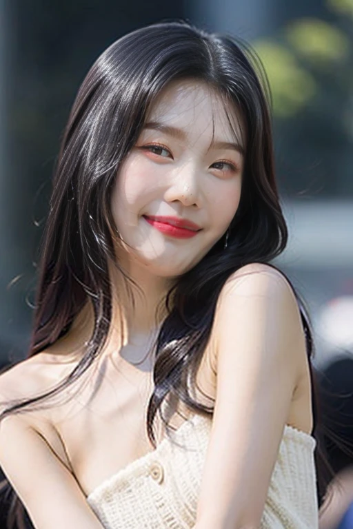 best quality, extremely detailed face, realistic human skin, perfect lighting, (1girl, solo:1), (((bikini))), ((puffy eyes)),(((black hair))),long hair, white background, low tied hair, (smile:1),((irene)),