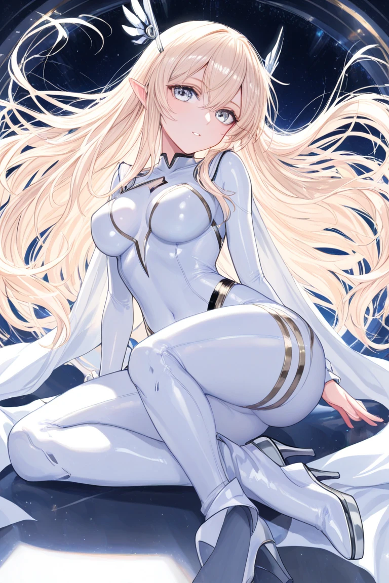 top-quality、realistic touch,high-detail、photoRealstic、thin-waist、captive beauty、solid platinum-blonde eyelashes、platinum-blonde、full body Esbian、cheeks flushed、thin-waist、In a white room、She is in estrus、Sleeveless、Bodysuit with minimal fabric area、Colossal tits、big butts、Angle from below、sexy  pose、