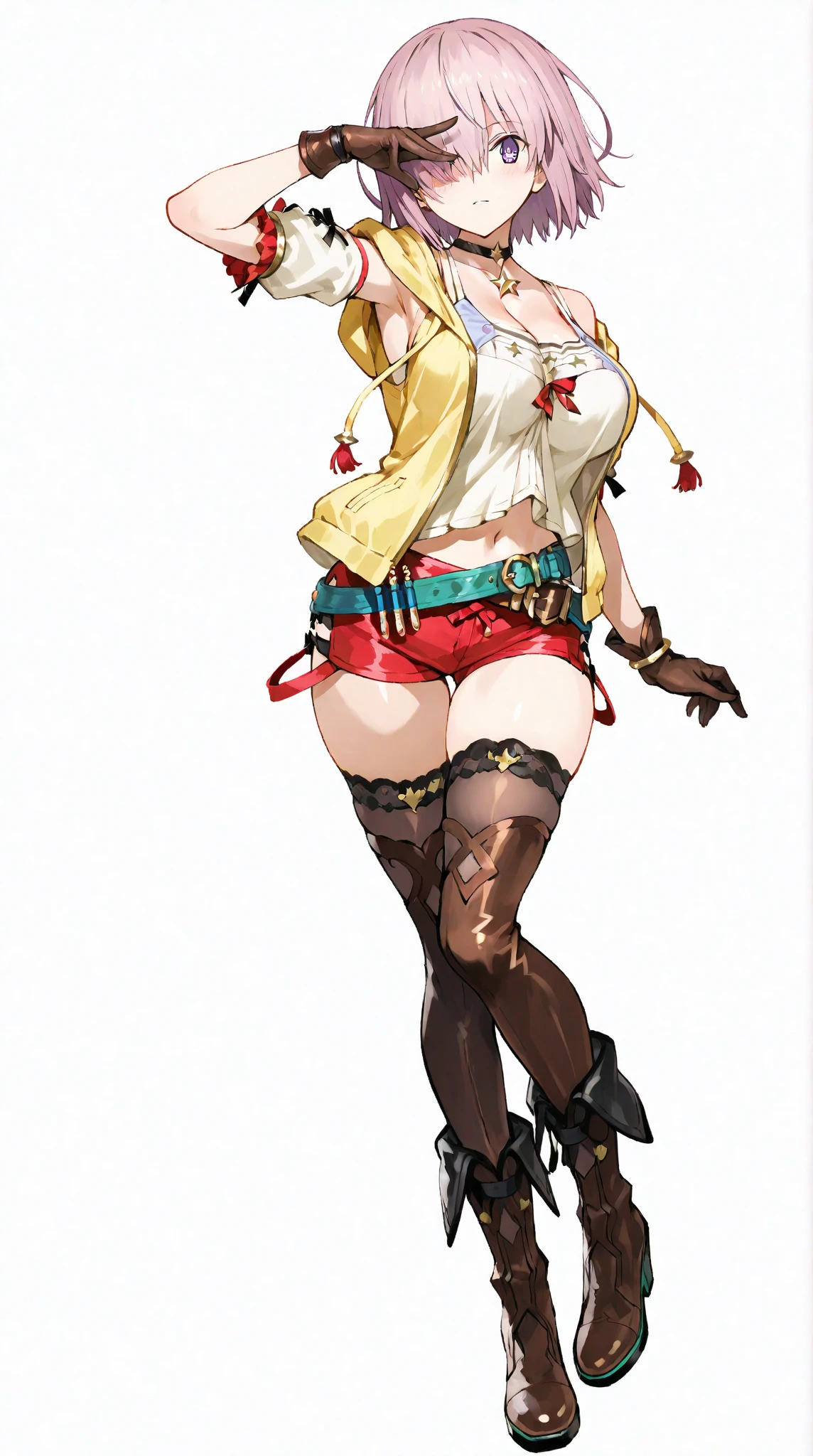 ((plain background:1.2)) ((1girl)) full body, standing, elf, mature, detailed happy face, purple eyes, blonde hair, black and white bikini (cow print bikini) (detached sleeves and stockings like ciw print) abs, big knockers, golden chain collar, stomach tattoo (red tattoo under belly button) (navel) whole body, 1solo (girl), slave fighter, loincloth standing, hands on hips, metal sandals, choker, big belt, looking to viewer, view from below, cow boy shot, far shoot, feet together, bracers, tiara