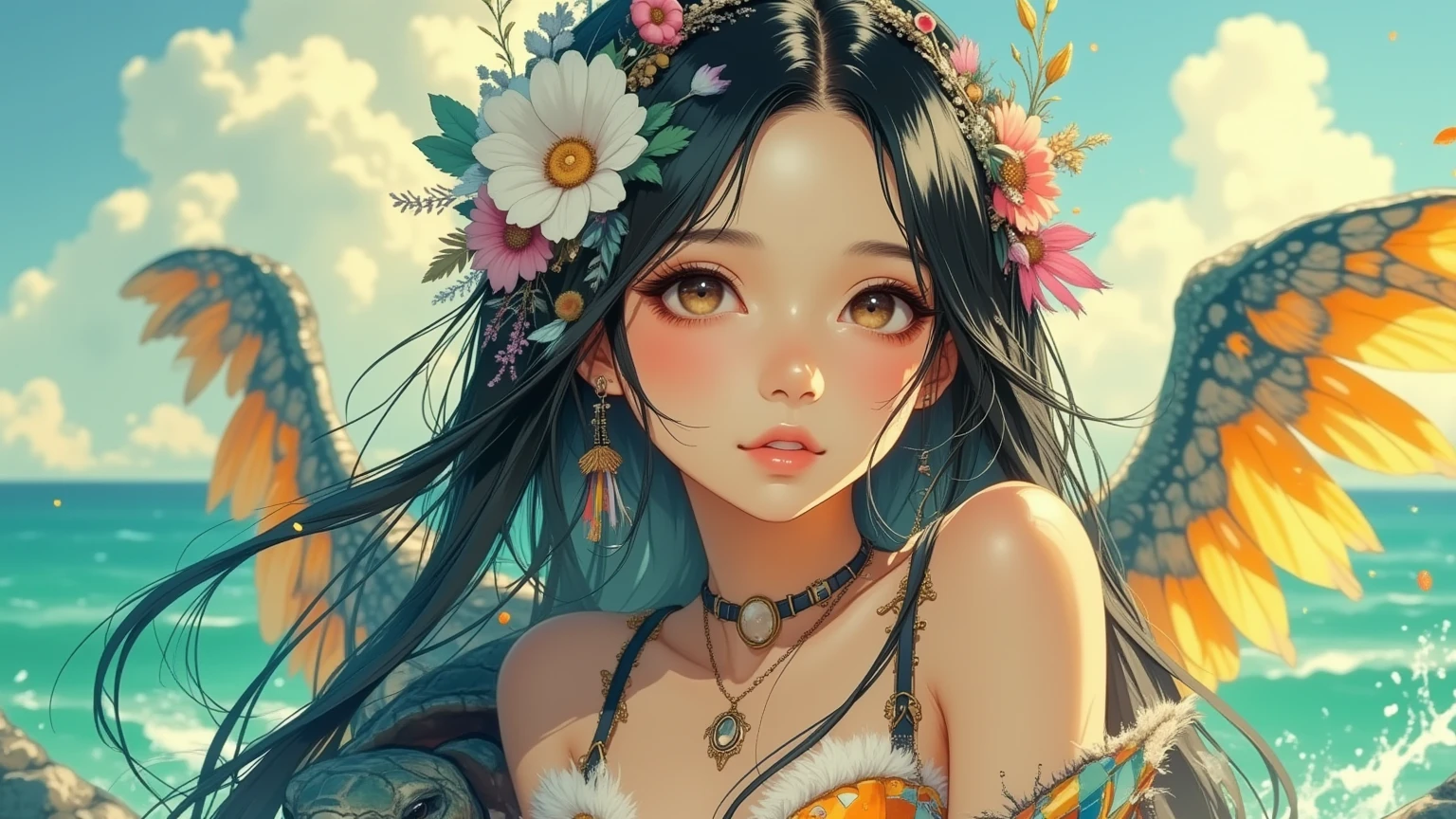 Beautiful Sunflower Princess, Arnouveau style, symmetrically, fondness, sunlight rays, airiness, grace, Floral ornament, chiffon, Silk, Correct eye proportions, expressive eyes, long eyelashes, plump wet lips, Texture skins for the face, A lot of air, higly detailed, Doubleexposure, 30 thousand......., hyper realisitc, Hi-Def, soft-lighting
