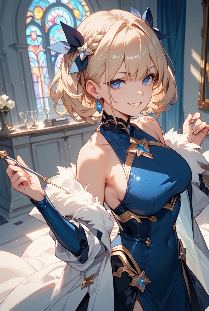 (masterpiece), best quality, expressive eyes, perfect face,1girl,furina,genshin impact,palace,night,castle wall,mirror,big breasts,blush,cleavage,cat girl,cat ears,cat tail,cowboy shot,strapless idol dress,bare shoulders,detached sleeves,navel,cute top,cute fluffy skirt,layered skirt,showgirl skirt,paw pose,happy,excited,spoken heart,standing