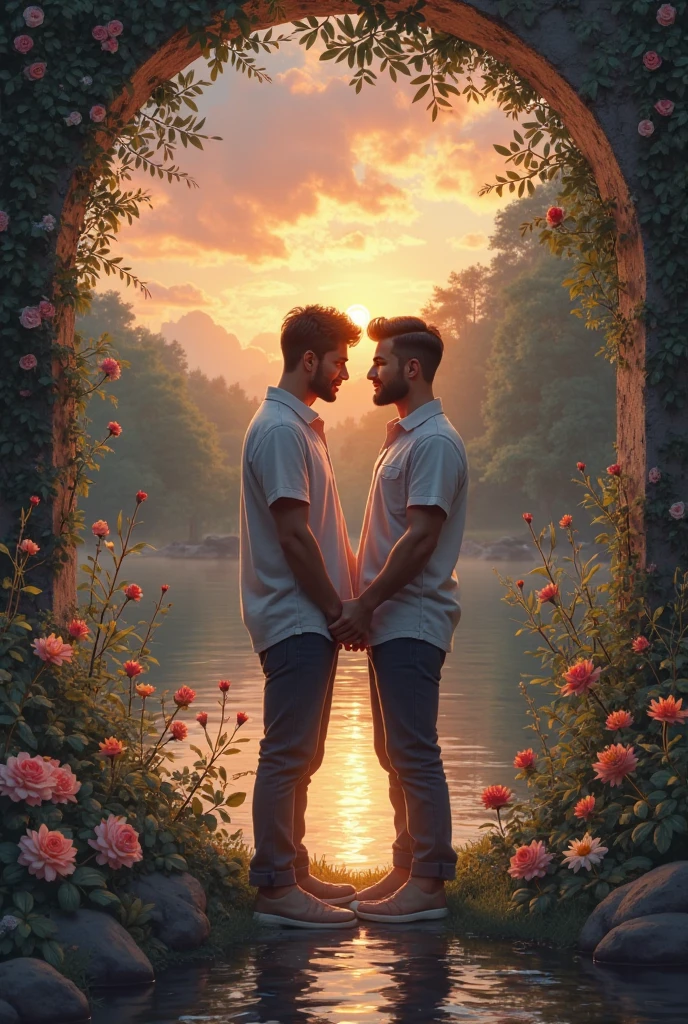 Un design avec deux silhouettes d’hommes se tenant la main ou se regardant intensément, symbolisant leur connexion profonde et deux cœurs entrelacés ou une lueur douce qui émerge de fissures dans un cœur brisé. Le fond pourrait être un dégradé de couleurs douces, comme des bleus et des violets, pour évoquer la sérénité et l'intensité émotionnelle avec n paysage apaisant, comme une plage au coucher du soleil ou une forêt tranquille, et des éléments subtils qui suggèrent une connexion intime, comme deux chemins se rejoignant ou des empreintes côte à côte. : Utiliser des couleurs apaisantes comme le bleu pâle, le vert doux, et le beige, avec des éléments texturés ou des motifs subtils pour évoquer la douceur et la profondeur des émotions. Avec écrit bien en évidence Les Échos Du Cœur Écriture Poétique et Émotionnelle