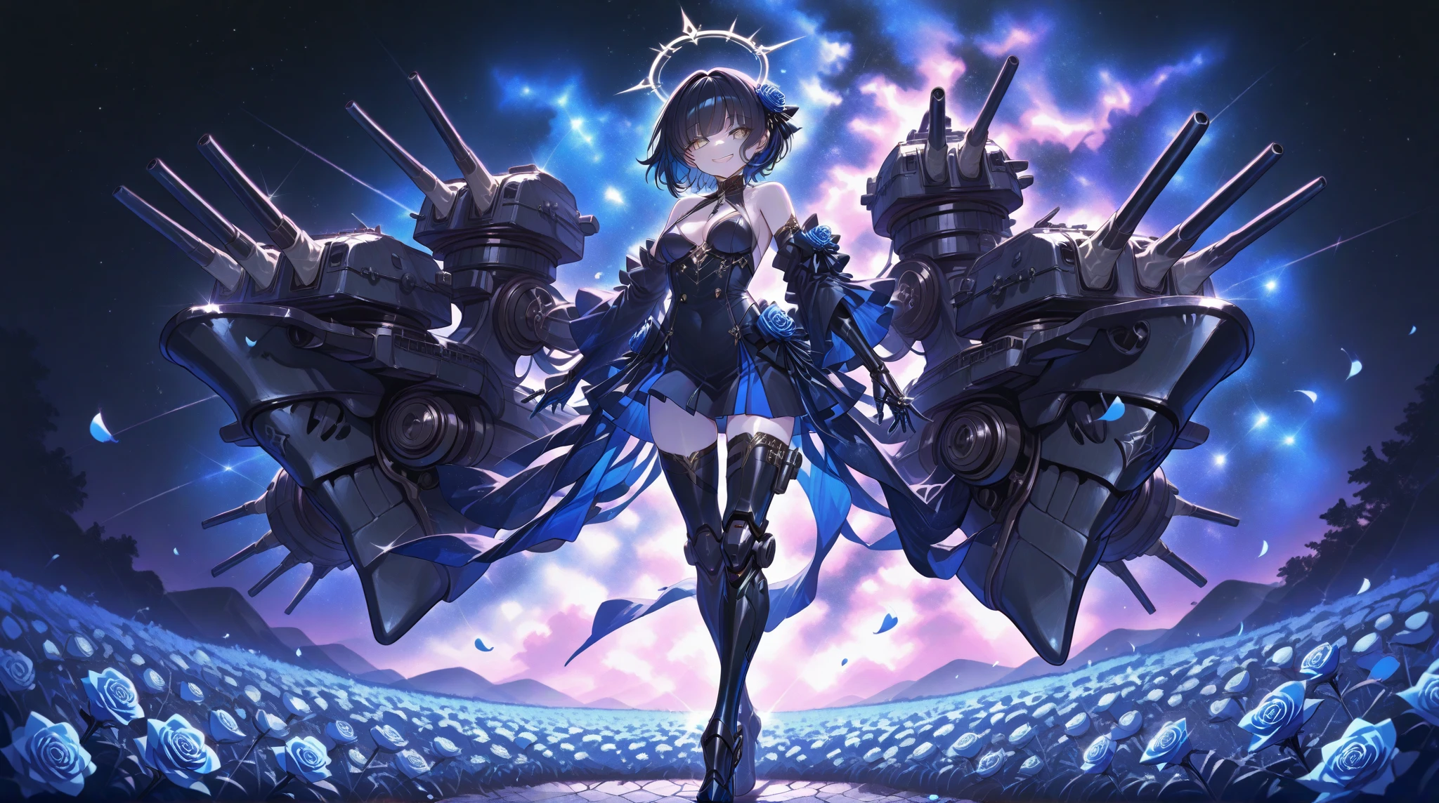 A girl stands on the rooftop of a high-rise building with a panoramic view of late-night Tokyo below.、She has a short bob with a white lob of hair and wears a large black witch hat with sapphire jewelry.、A high school student wearing a navy blue separate swimsuit with a white ribbon、She wears a large witch&#39;s hat with a small sapphire accessory、A few star creams、Beautiful starry sky、Beautiful night view、large witch's hat 、Navy blue bikini pants that dig into your stomach、Small breasts、Small breasts、Navy blue swimsuit top with white frills、I see my stomach、The area around the stomach is bare skin.、Belly button