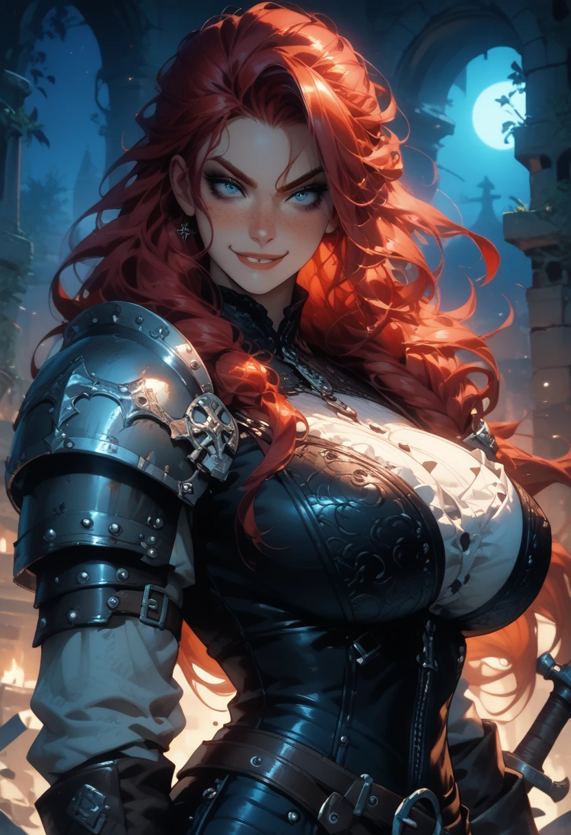 1girl, detailed face, beautiful detailed eyes, beautiful detailed lips, extremely detailed face and eyes, long eyelashes, red eyes, fire witch, blood on face, flying hair, cleavage, light particles, lightning rays, colorful, high contrast, vampire, smirk, evil smile, psychopathic smirk, psychopathic smile, tilted head, dark fantasy, dramatic lighting, supernatural, moody, cinematic, vibrant colors, volumetric lighting, dramatic atmosphere, intricate details, masterpiece, best quality, 8k, high resolution, hyper detailed, photorealistic