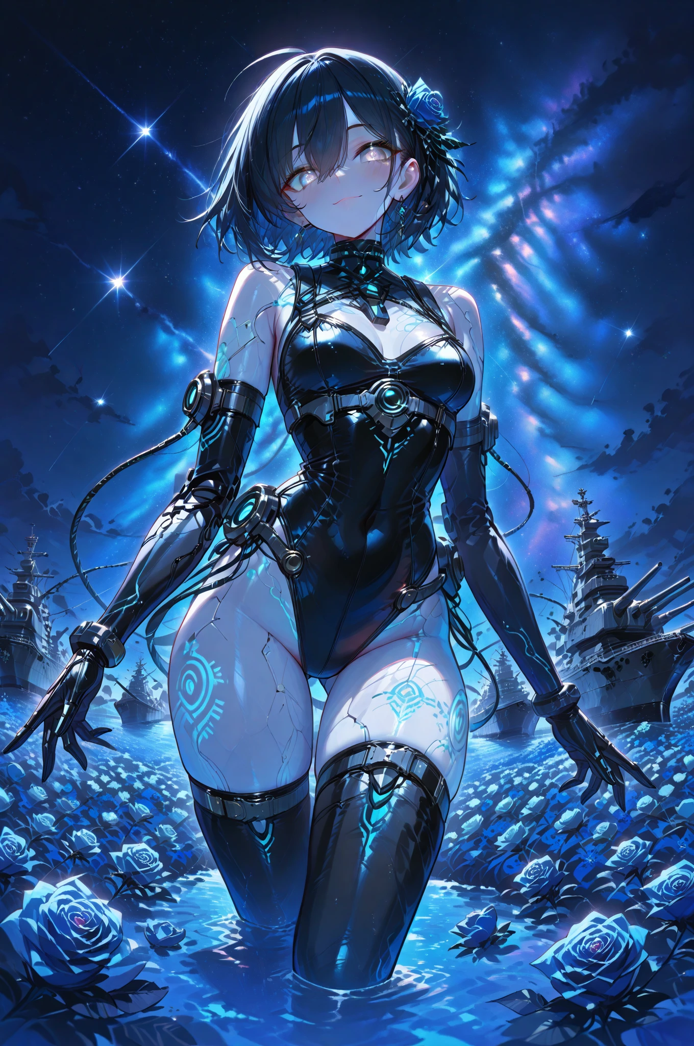((Highest quality)), ((masterpiece)), (Familiar), Illustration Style,Perfect Face,1 Girl,Black Hair,Short Hair,Glowing Skin,big, Bright Blue Eyes,Beautiful Bangs,Small breasts,Super Beauty,woman,16 years old,Black suit,Beautiful clothes,