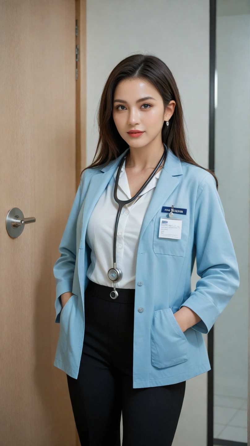 Realistic beautiful doctor、Stunningly beautiful、Doctor's white coat, Collared shirt、(Top quality、8K、32K、masterpiece、North African Trade Zone:1.3)、Ultra-high resolution,(Reality:1.4),Original Photography, Detailed face,,Beautiful hair, ((Doctor style)),,((Leg length)), (Thigh gap:1.5), , Black tight skirt、 Natural Makeup,, Big plump breasts、In the hospital, Detailed background, Perfect lighting, Depth of Field, Beautiful shadow gradient,Stethoscope ,