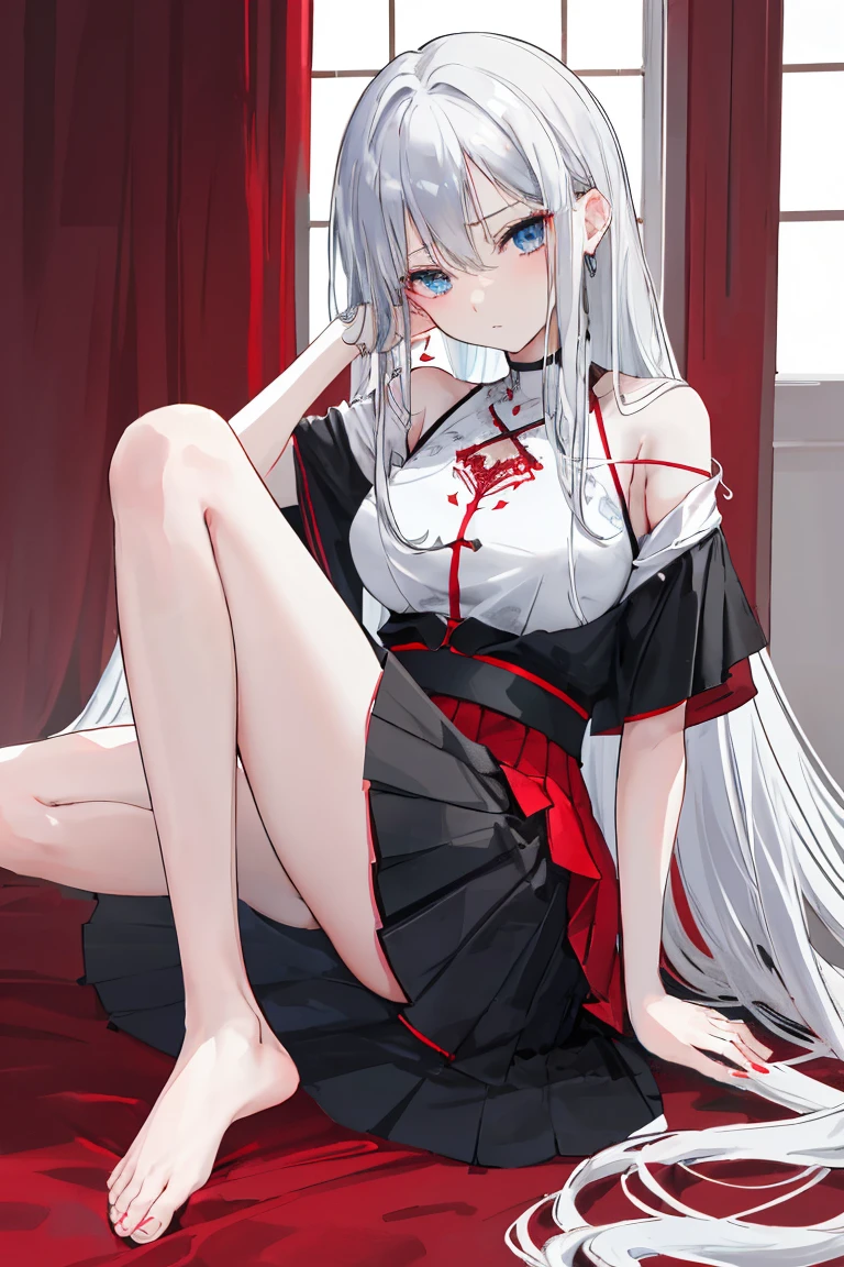 Young girl with long cascading silky silver-grey hair, cold red eyes, icy expression and aura, a white cotton blouse with delicate ruffles on the sleeves and collar. Her grey leggings hugged her slim legs perfectly, and her practical yet stylish shoes had pink laces and sturdy soles.