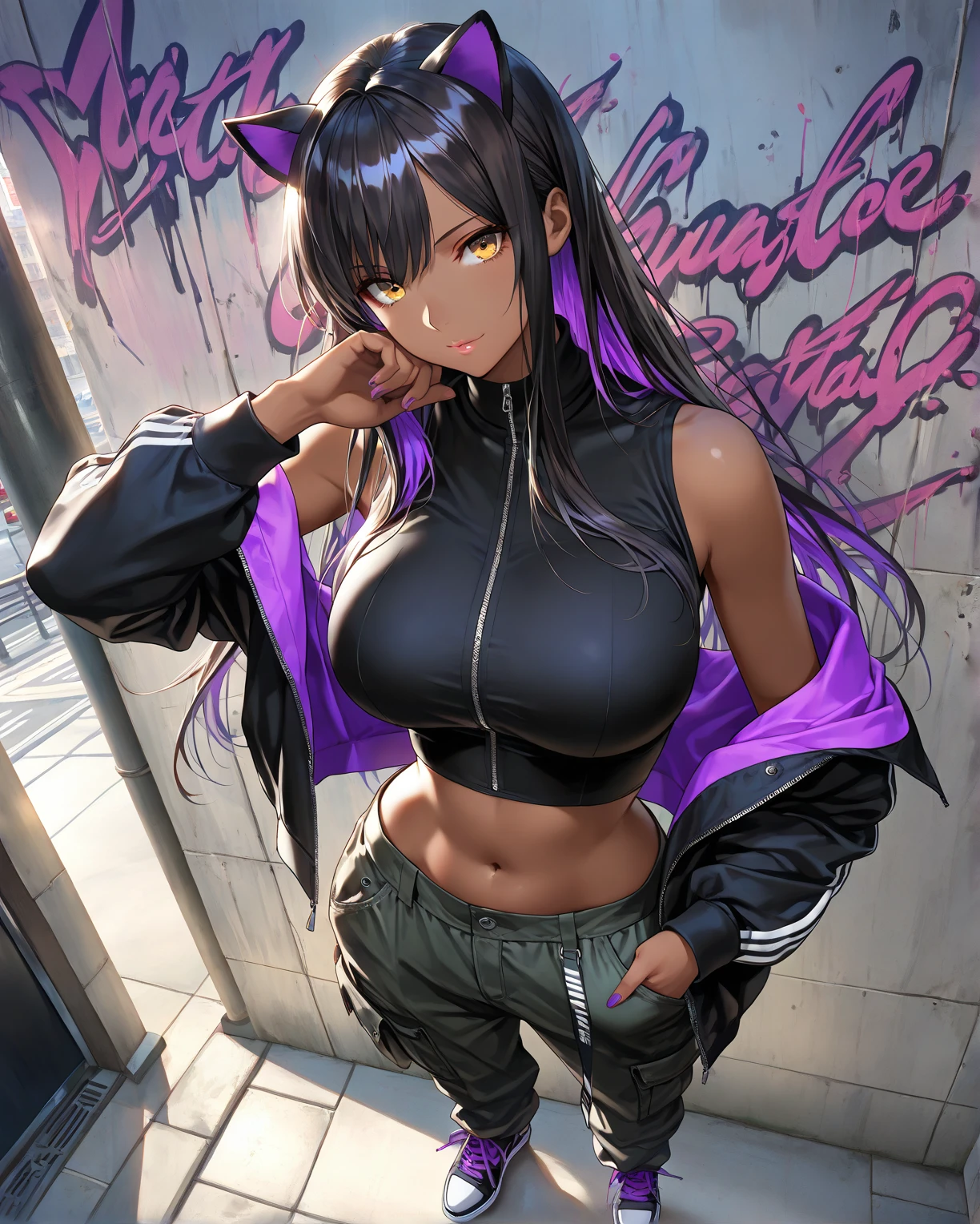 ebony milf, black skin, (long purple hair), high ponytail, (Yellow eyes),(black yellow multicolored leather jacket), skirt, open belly, underboob,  Masterpiece, high quality