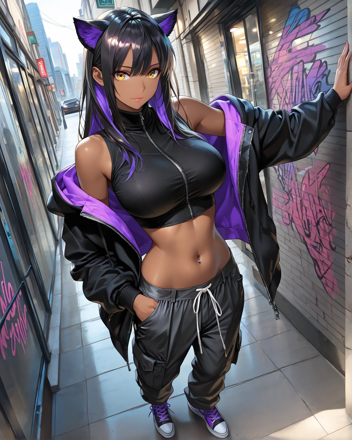 1 girl, anime style, dark skin, black woman, beautiful, 18 years, make-up, passionate look, naughty smile, waifu, close-up picture, zoom, portrait, colorful punk style, purple leather jacket, purple tank top, black jeans shorts, cleavage, fishnet legs, leather gloves, sitting on the ground, posing in a dark alley, colorful graffiti on the walls, colorful walls, new york city, soft lighting, nighttime, midnight, ray tracing, award winning, photorealistic, 8k