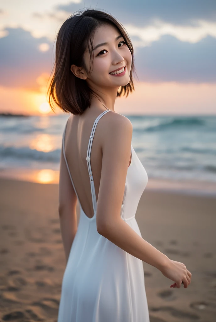 Only one girl、((Perfect body)))、(masterpiece)、((highest quality))、(Ultra-detailed)、((Very delicate and beautiful))、Hmph,(((Unbelievably absurd)))、((Perfect body)))、(((Black-haired)))、(((shortcut)))、(Okayasu Hair)、(((Looking into the camera)))、(((Quite a large bust)))、(((The best smile that makes you happy)))、Camisole dress、big+background、Dynamic Angle、Female focus、{Particles of light}、细致background、((Paul Hedley)))、Soft lighting、sunset、Very beautiful sunset、Live Action、Realistic、Top view、Cute Smile、(backgroundがぼやけている)、16 years old、Are thin、((Wind))、(((Movement)))、(((Emotional)))、((colorful))、((Baby Face))、((Beautiful Teeth)) 、Lens flare、(((Very shallow depth of field)))、Bust is not hidden