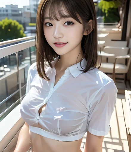 8K, Tabletop, RAW Photos, Highest quality, Realistic, Highly detailed CG Unity 8K wallpaper, Depth of written boundary, Cinematic Light, Lens flare, Ray Tracing, (Very beautiful face, Beautiful Lips, Beautiful Eyes), Exquisitely detailed face, ((Highly detailed skin)) One Girl, In the Dark, Deep Shadow, pretty girl, (Very slim and slender fit muscular body:1.3), ((View your viewers)),(Big smile:1.3), Clear Eyes, walking , Front shot, (Pale skin), (Big eyes), Look forward, (Upper Body Shot), (Brown Hair), Open belly button, (View your viewers:1.3), Very slim, Medium chest, Thick thighs, See through, Wet, Tight shirt,  Pink collared shirt, Golf Uniforms, Shirt with lace, Golf course, landscape, blue sky, lake, sunlight, skirt, (See through)