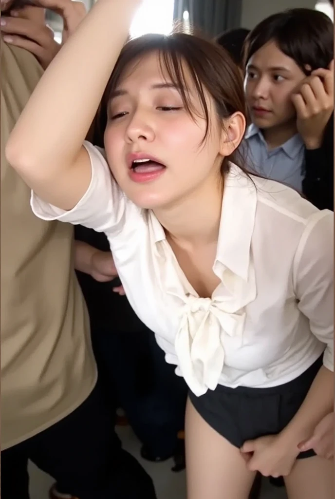solo, 1 girl, (cleavage, open clothes, Her pleated skirt was torn, Her White T-shirt was torn:1.8), topless, no bra, Photography Studio, nsfw, bdsm, Realism, 16k, highres, best quality, textured skin, anatomically correct,(tearing up:0.9),(defiant look:1.3),(painful expression:1.2),(scowled:1.3),(serious:1.2), neat,(frown:1.1),(blush:1.1),(panicking,sobbing:1.3),(despair:1.2),(Despair-stricken crying face: 1.3),(open mouth:1.3)
