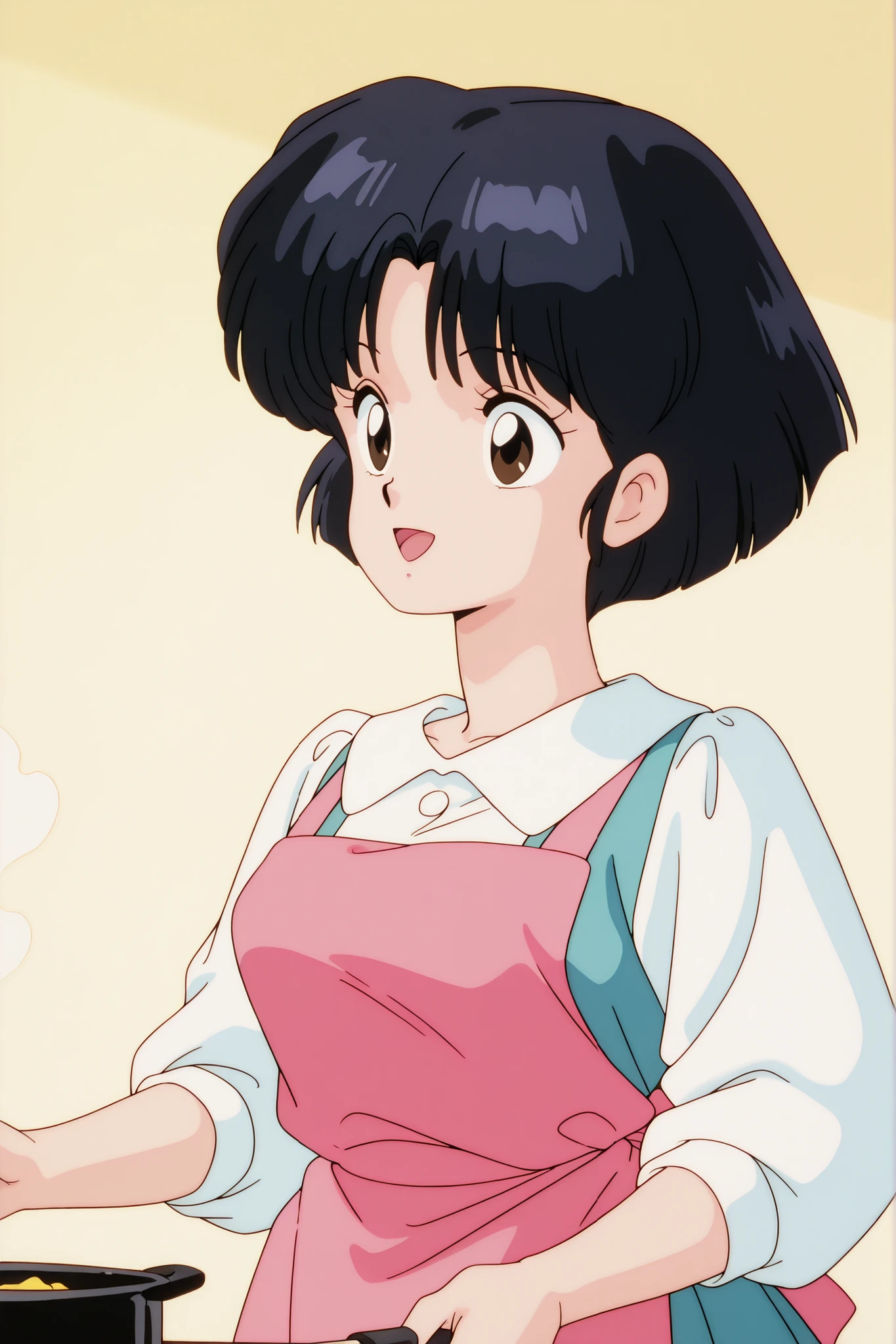 masterpiece, best quality, newest, absurdres, highres, detailed eyes, beautiful, detailed background, perfect eyes, anime coloring, masterpiece, best quality, newest, absurdres, highres, detailed eyes, beautiful, detailed background, perfect eyes, anime coloring, retro artstyle, 1990s \(style\), 1girl, solo, tendou akane, black hair,short hair, brown eyes, medium , white collared shirt, long sleeves, blue dress, long dress,kitchin,cooking,pink apron,smile,joyful,open mouth,from side