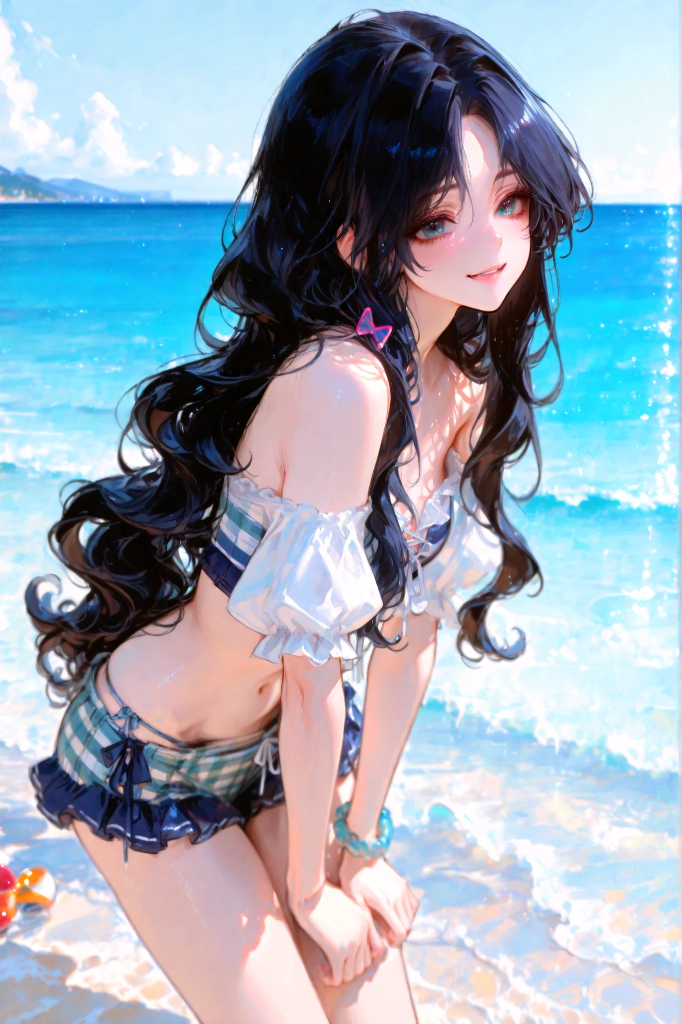 Perfect human body modeling, 1 girl, cute girl, pretty face, bitter smile, 12 years old, Beautiful black long hair, beautiful eyes, flat chest, small build, No muscles, white skin, Hot summer sun, Bikini with black cow print,