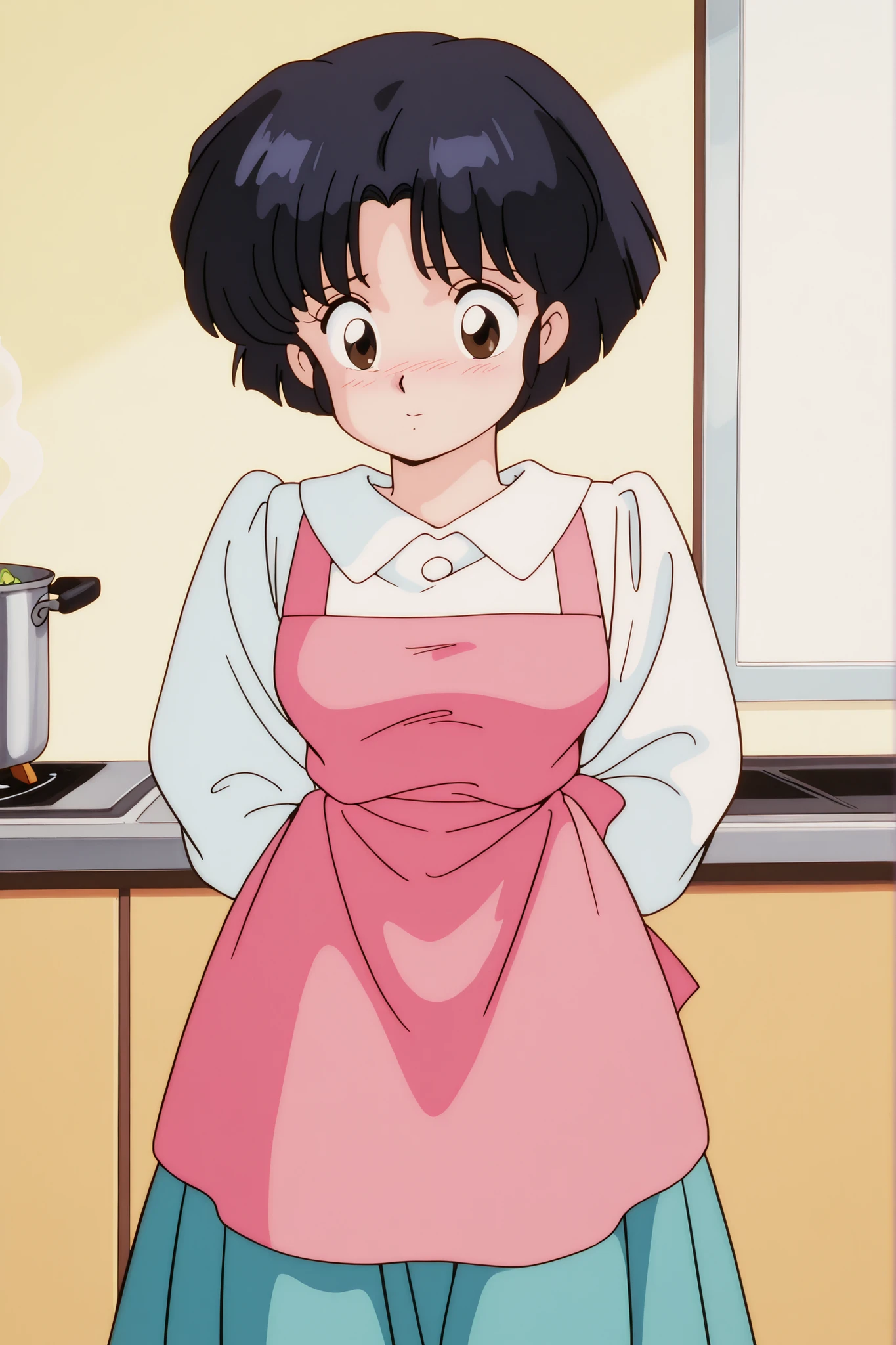 masterpiece, best quality, newest, absurdres, highres, detailed eyes, beautiful, detailed background, perfect eyes, anime coloring, masterpiece, best quality, newest, absurdres, highres, detailed eyes, beautiful, detailed background, perfect eyes, anime coloring, retro artstyle, 1990s \(style\), 1girl, solo, tendou akane, black hair,short hair, brown eyes, medium , white collared shirt, long sleeves, blue dress, long dress,kitchin,cooking,pink apron,vegetables,confusion, disappointment,embarrassed,whole body,full length,