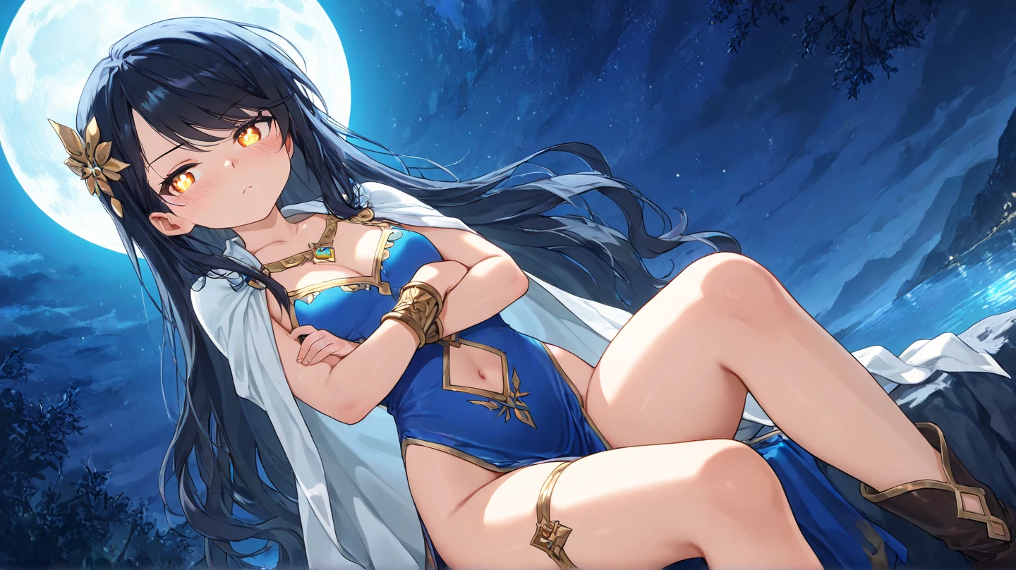 score_9, score_8_up, score_7_up, score_6_up BREAK source_anime, ishtar, long hair, black hair, ribbon, hair ribbon, two side up, red eyes, parted bangs, crown, thighhighs, navel, jewelry, earrings, single thighhigh, armlet, asymmetrical legwear, anklet, uneven legwear, neck ring, single elbow glove, asymmetrical sleeves, uneven sleeves, 1girl, divine goddess body with stunning curves, smile, wide hips, The background is a starry sky at night
