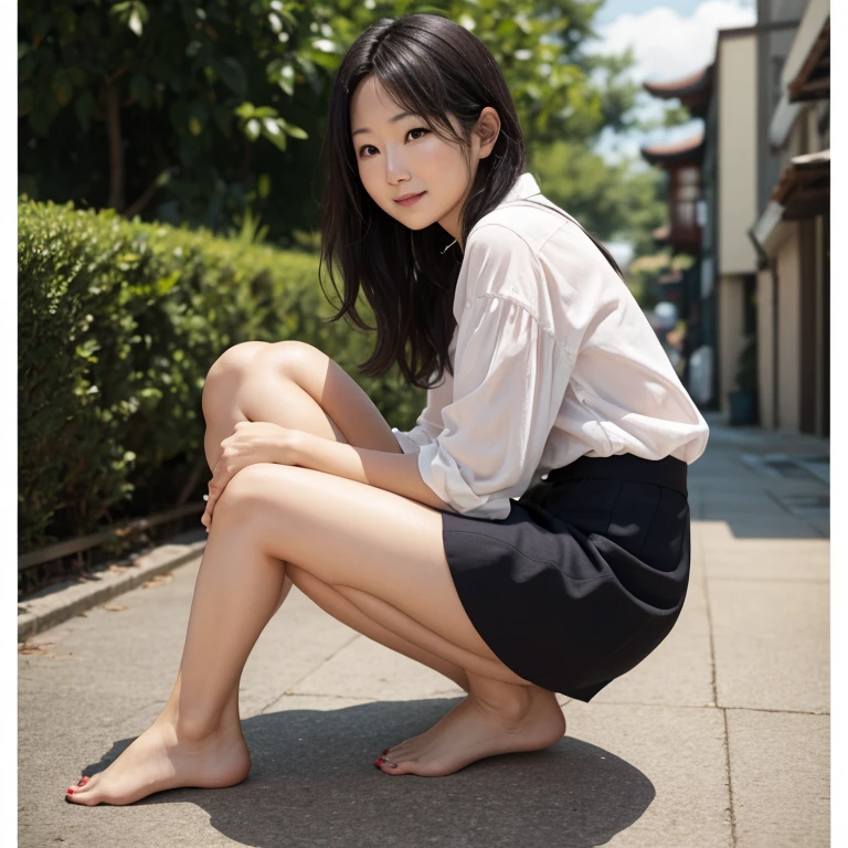 ((No clothes))、((Crouch)),(Completely naked)、Immature girl1people,Thick pubic hair,Small nipples、Slender body、Being thin、Long, slender legs、With legs apart,((MCharacter splits))、Focus on the vagina、Focus on the vagina、loafers,Young face、bangs,A small smile,Thighs,knees,Low ponytail with barrette,,school bag,From below,Front light,garden