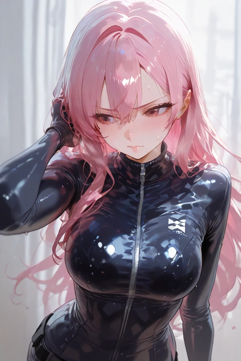 (8K, top-quality, masterpiece:1,2), (reallistic, Photorealsitic:1.37), Super Detail, One girl,), (Highly detailed), (beautifully detailed eyes), (of the highest quality), (super detailed ), (masterpiece), (Detailed face),20yr old, ,1 girl, ((pink hair,long hair)), medium breasts, clothed, Perfect Lighting, BREAK, (mysterious bodysuit:1.5), (dark queen:1.3), (glossy black:1.3), (burgundy tears:1.2), (high-neck:1.2), (cutout sleeves:1.1), (gold trim:1.2), (high-leg cutouts:1.3), (shiny leather:1.2), (gold ankle chains:1.2), (strappy heels:1.2), (gold choker:1.1), (statement bangles:1.1), BRAKE, (upper body to knees:1.2), (pink long hair:1.2), (mysterious expression:1.2), (enticing smile:1.1), (facing forward:1.1), (seductive pose:1.3), (dark background:1.2), (royal blue:1.1), (purple hues:1.1), (low lighting:1.2), (contrasting shadows:1.2), BRAKE (sweat:1.5), (steam:1.2), (girl trembling with sexual climax:1.1), (looking at viewer:1.3),