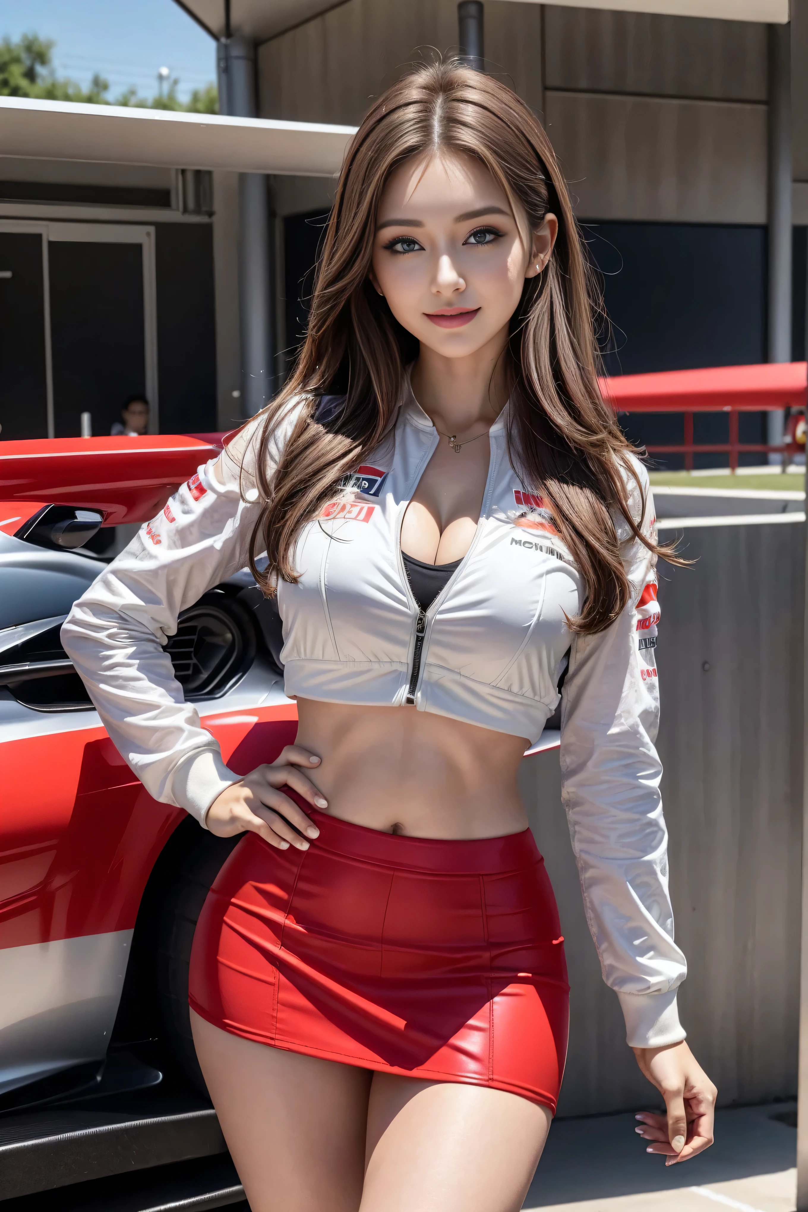 the Extremely Detailed CG Unity 8K Wallpapers, Best Quality, Ultra-detailed, masutepiece, Realistic, photos realistic, extremely detailed cute girl, 25-years old, 
(Wearing a grid girl costume with sponsor's logo printed on it:1.3), (Mini skirt ) , (Sitting in a motorsport race), (Leaning forward),  (cleavage), blush , Half body shot , Parted bangs ,