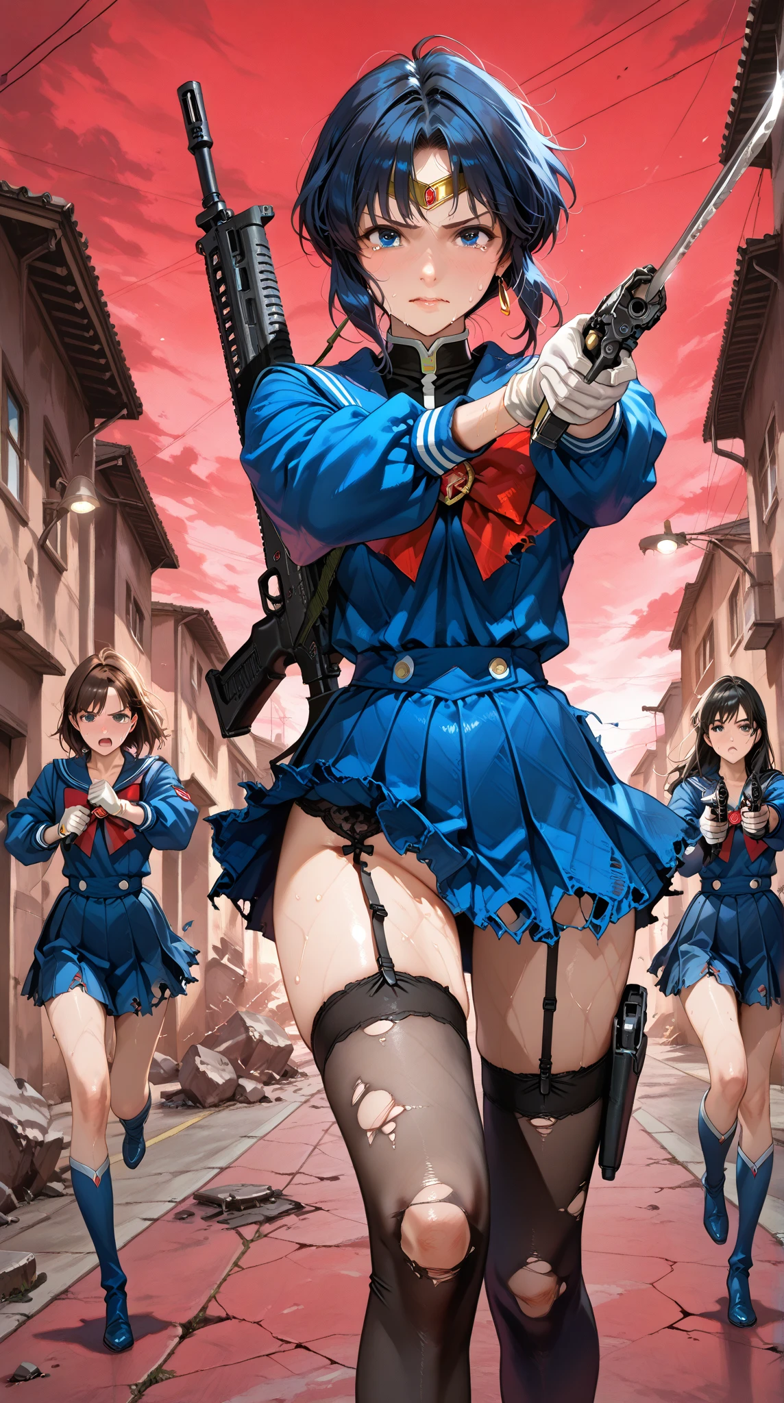 masterpiece、highest quality、Ultra-high resolution、Maximum resolution、Very detailed、Professional Lighting、anime、woman、thin、so beautiful、high school girl、blazer、mini skirt、Has a submachine gun、Mischievous、Reddish brown hair、Short Hair、Earrings、Fingerless Gloves、Beautiful eyes、Gloss Lip、Tactical Boots、Equipped with transparent orange shooting glasses、Equipped with a chest rig、Standing alone on the battlefield、Aggressive pose