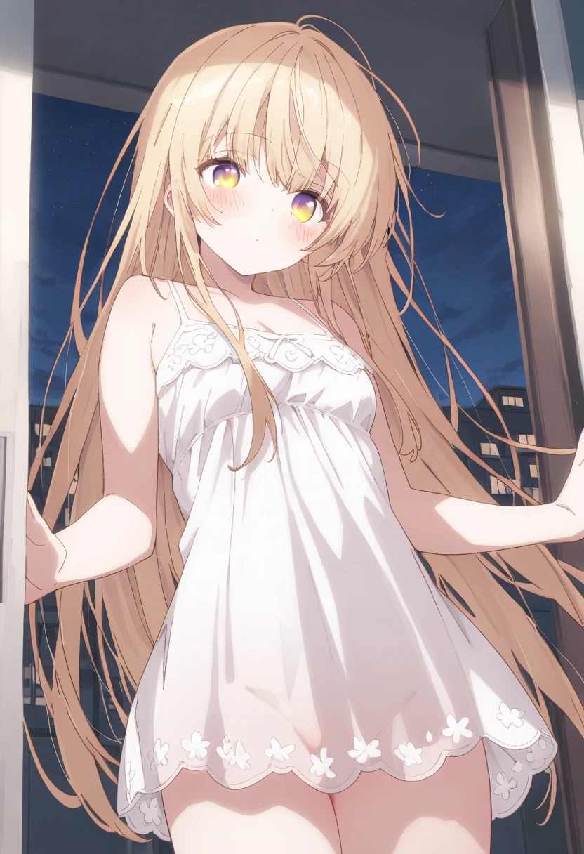 Mahiru shiina, , blonde, (Yellow Eyes:1.3)、Braided long hair,,blush,smile,night、Beautiful views, Attractive thighs、Beautiful bare legs, Naked but wearing sexy underwear、Bare Chest、Nipples are visible、I can see your Pantastar piece.:1.2), highest quality, High resolution, unity 8k wallpaper, (shape:0.8), (Beautiful and beautiful eyes:1.6), Highly detailed face, Perfect lighting, Highly detailed CG, (Perfect hands, Perfect Anatomy),