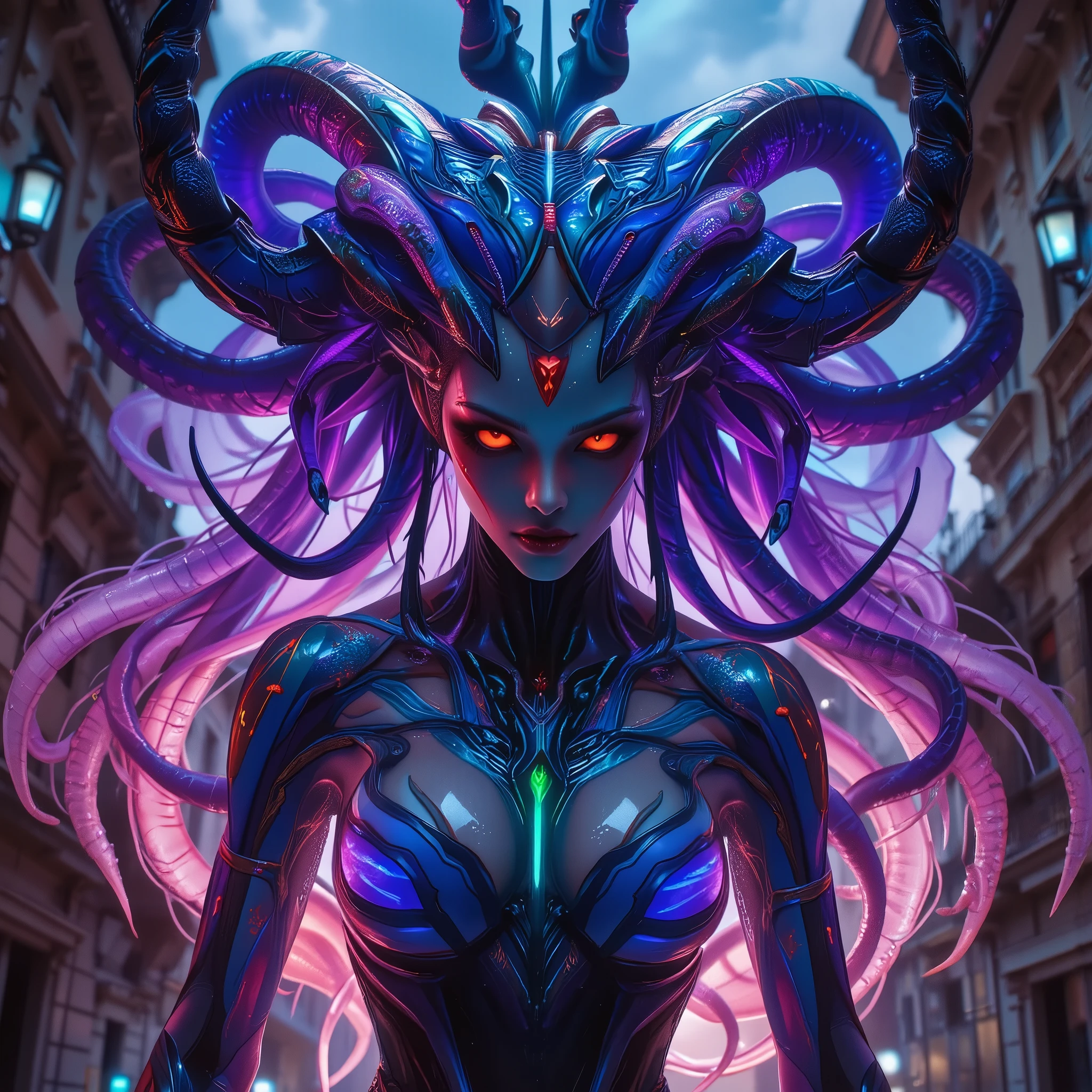 neon colored, (1 beautiful and obscene female alien:1.4), (There is a female genital-like organ in the middle of her forehead:1.95), She has medusa-like hair, (there are lots of translucent tentacles from her head like her hair:1.5), (vulgarity1.7), (she is looking down at viewers with glowing red eyes with no pupils:1.6), (She has translucent pale skin:1.4),(She has the most beautiful face in the history of the universe:1.2), (She has multiple bioluminescent organs on the side of her tentacles:1.4), (Her body is covered with an iridescent exoskeleton:1.4), (She is showing her arm pits:1.6), an evil gaze that seduces, (looking down at viewers:1.4),(Vampire-like long canine teeth can be glimpsed through the gap between the cute lips:1.4) (bio luminescent:1.4), (Smile wickedly:1.3), (sexypose:1.4), alien, No humans, cells are fused, extraterrestrial, cell, bio image, ultra high resolution, (photos realistic:1.7), (Numerous award-winning masterpieces, with incredible detail, textures and maximum detail), Dramatic Lighting, cinematic quality, (exquisite details:1.2), High freshness, drawing faithfully, (Thick eyebrows:1.2), Beautiful eyes with fine symmetry,(Highly detailed face and eyes:1.2),(Super detailed skin quality feeling:1.4), perfect anatomy, (Beautiful toned body:1.5), (Moist skin:1.2), not wearing makeup, (dark circles:1.1), long canines, cinematic drawing of characters, cinematic quality, (exquisite details:1.2), high resolution, High freshness, drawing faithfully, official art, Unity 8K Wall paper, ultra detailed artistic photography, midnight aura, unreal engine 5, Ultra Sharp Focus, art by MUCHA, art by Amano Yoshitaka, ArtGerm, ultra realistic realism, dream-like, Creation of fantasy, dream Snail, (biopunk nautilus:1.3),Thrilling color schemes, seductively smiling, Amazing mutation, well-proportioned body, goddess of the deep sea, fractal, Geometric pattern, impossible figures, subtle emerald green accents, (expression of ecstasy:1.5)