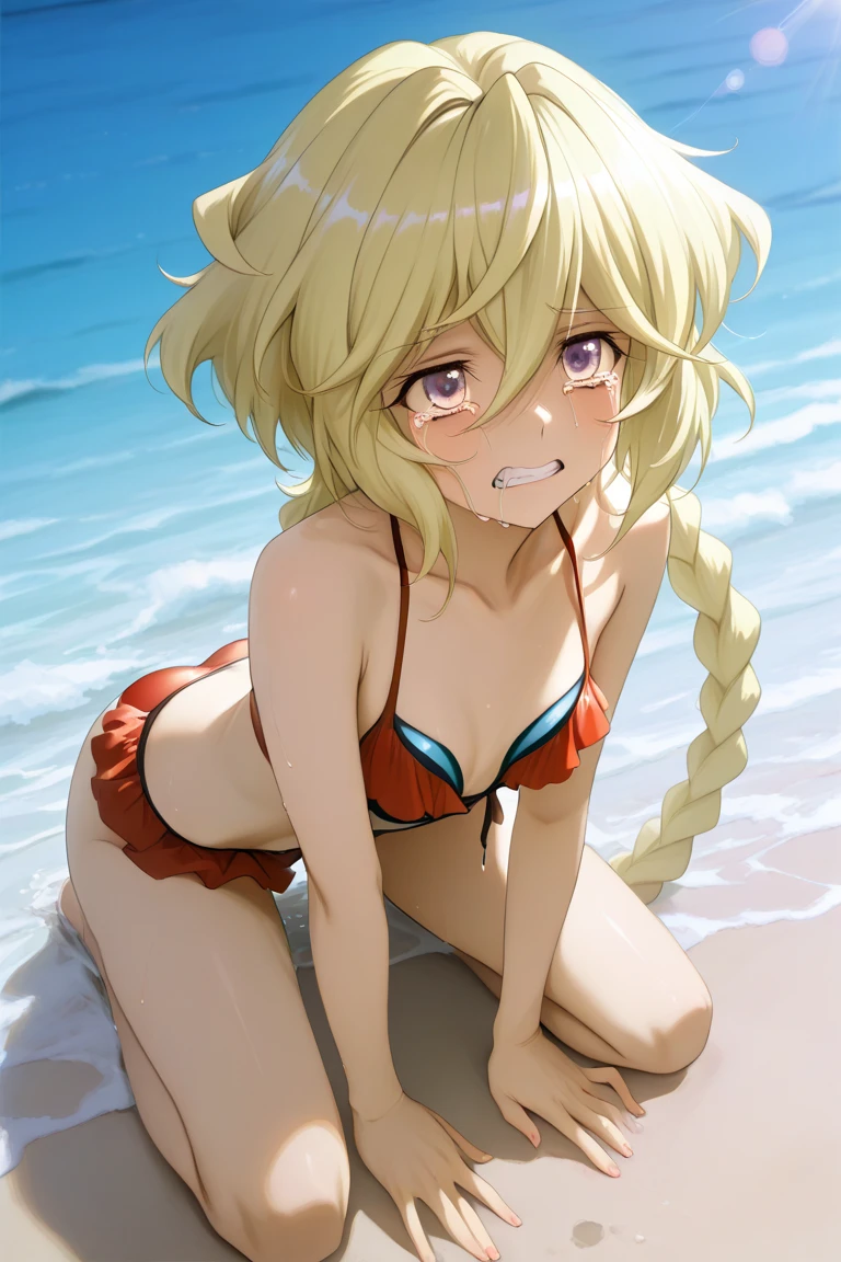 himikotoganova, (1girl, solo), (perfect eyes), blonde hair, double bun, messy hair, bangs, yellow eyes, outdoors, ocean scenery, beach, mini shorts, low waist shorts, red bikini top, bare shoulders, slim stomach, cleavage, wet, flirty smile, blushing
