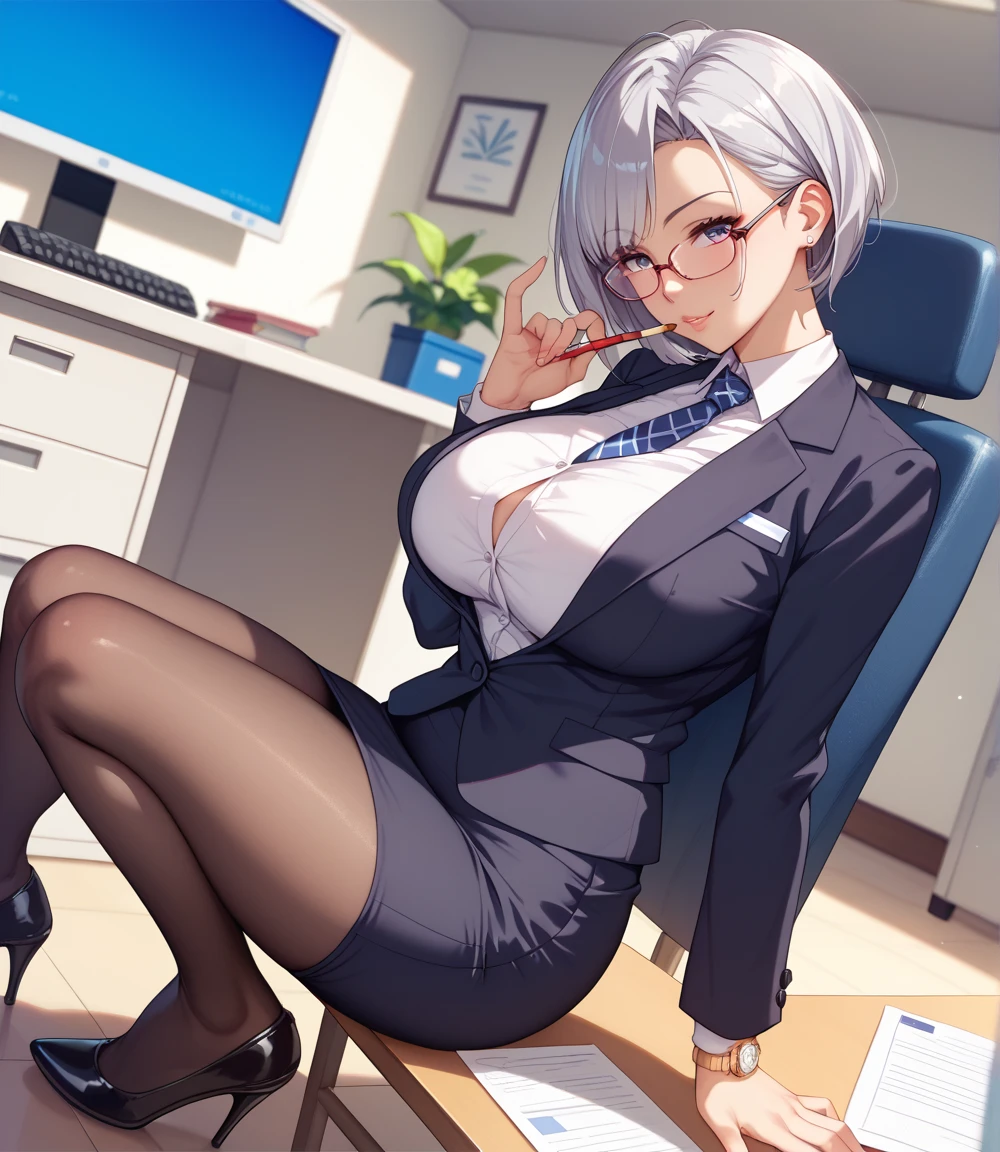 (masterpiece, best quality:1.2), 1girl, solo, big natural tits, office suite, short silver hair, curves in all the right places, sunglasses,