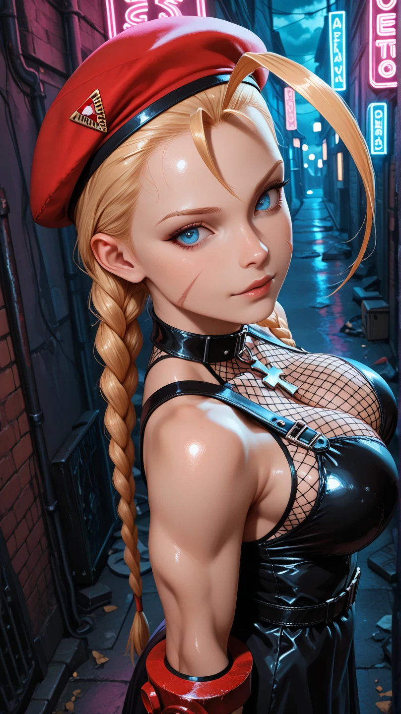 Sexy blonde with glasses, latex shirt and blue cap with tattoo, red and white,tits, cleavage, very detailed, sublime, extremely beautiful, sharp focus, exquisite, cinematic, intricate, elegant, dynamic, rich deep colors, vibrant color , shining light, attractive, cute, beautiful, full background, epic composition, dramatic atmosphere, shining, professional, stunning, dutch angle, low angle