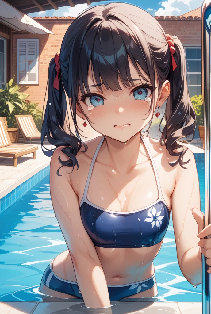 masterpiece,highest quality,wonderful,finely,High resolution,1 girl, big breasts, (Light blue striped micro bikini:1.4), black hair, Glasses, green eyes,twin tails,(get down on all fours),(from below)