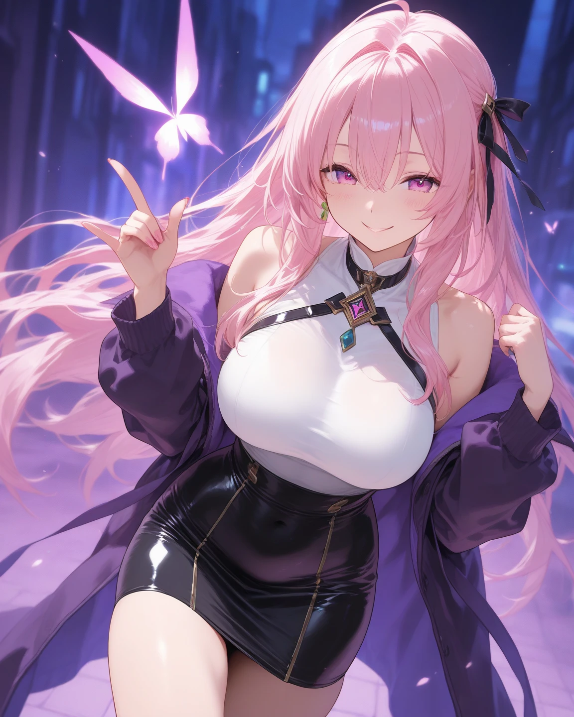 1girl (masterpiece, round_iris, extremely crisp crystalline shiny purple eyes, perfect_anatomy, extremely_captivating_hypnotic_mystic_eyes, ) perfect face, long pastel pink hair, smiling evil, big breasts, big buttocks,stockings and skirt, videogame store, japanese store, gamer girl, room, dynamic pose, best quality, 4k