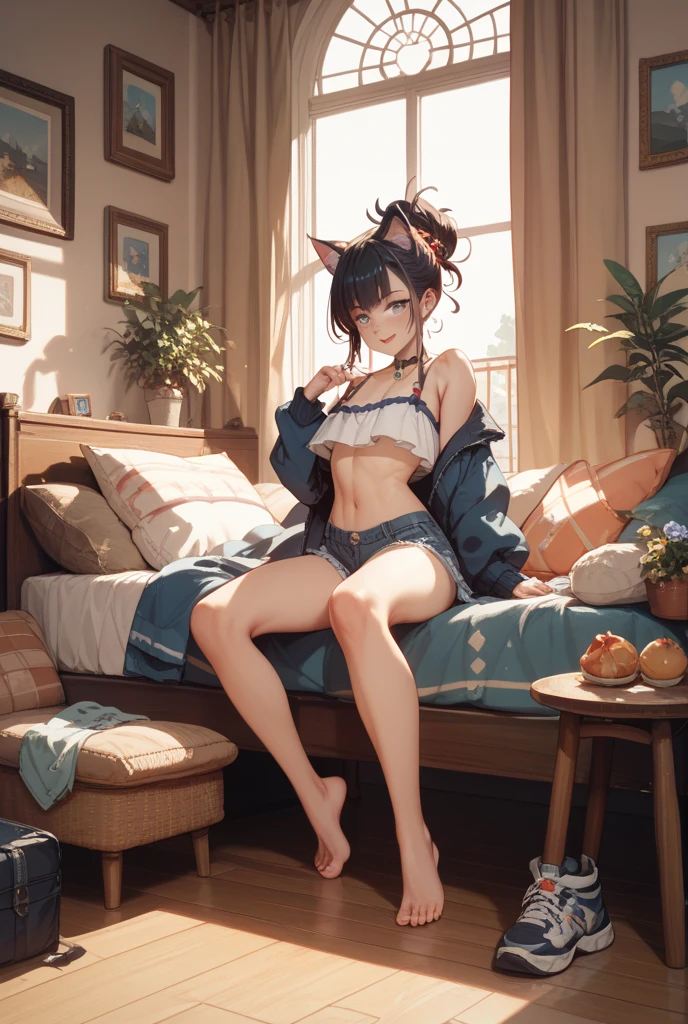 Small breasts、Small breasts、Erotic Cat Cosplay、cat cosplay black hair、short hair、Short low ponytail、Pale purple eyes、Blushing、Small breasts、Small breasts、、Cute underwear、Embarrassed、White bra、White panties、Lie down on the bed、Blushing、Cat Pose