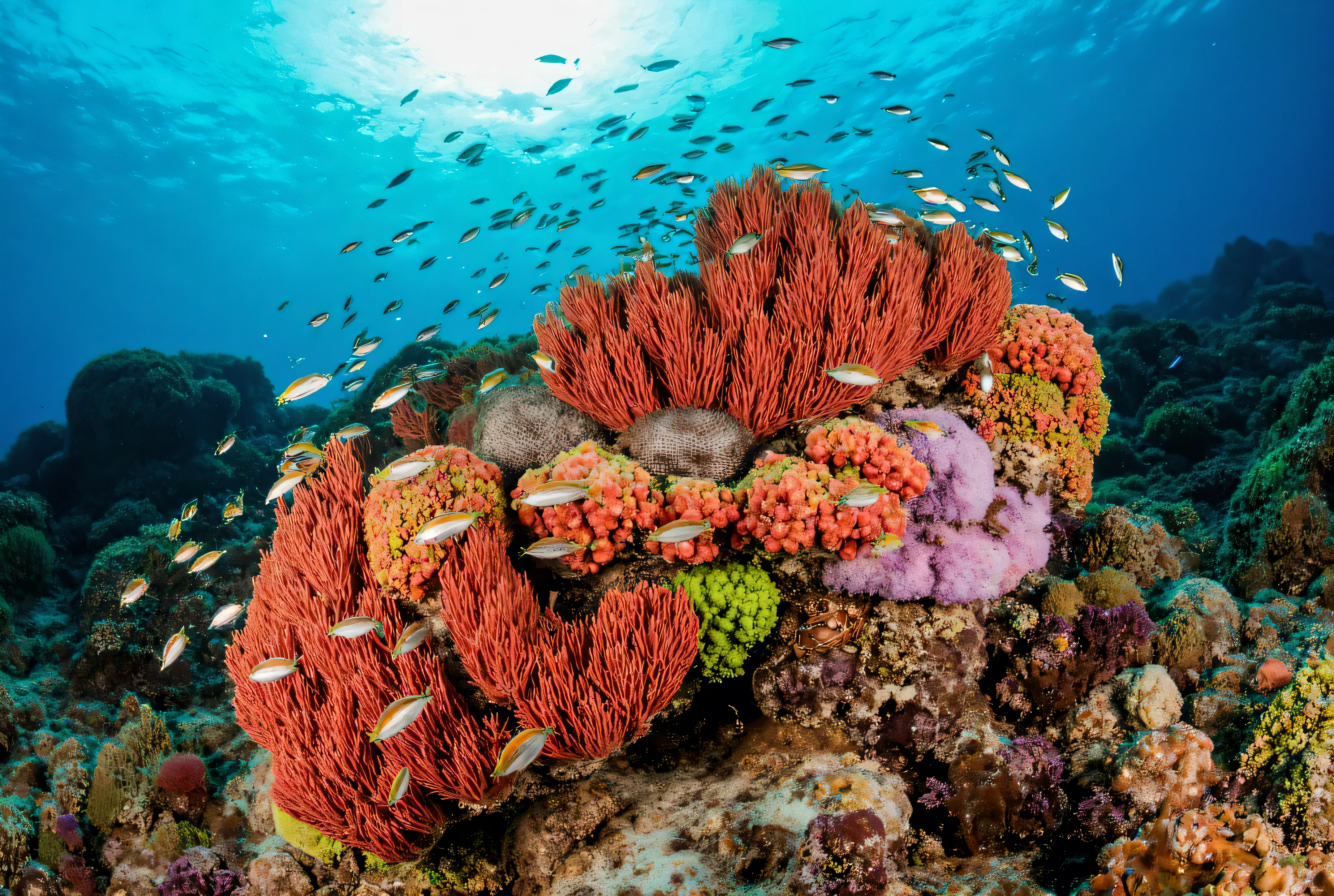 A vibrant coral formation rising from the seafloor, intricate colourful structures teeming with life. Schools of iridescent fish dart and weave through the waving fronds of red and green sea fans and sea whips, their colors shimmering in the soft, blue-green light. Delicate sea anemones wave their tentacles, while sea turtles lazily munch on bright lush sea grasses. The coral itself is a kaleidoscope of hues – oranges, pinks, purples, and blues – as if painted by the sea's own brush. Among the bright bold coral, lush underwater plants thrive – sea lettuce, kelp, and dulse seaweed sway gently in the current, their leaves and fronds shimmering like jewels. Starfish, sea urchins, and conchs make their homes among the coral's nooks and crannies, adding to the garden's vibrant tapestry. The water itself is crystal clear, allowing sunlight to filter down and illuminate the garden's wonders. Every nook and cranny holds a new discovery – a colorful nudibranch making its way slowly across a coral branch, a shy octopus peeking out from behind a rock, or a school of tiny fish playing hide-and-seek among the sea fans. Lively, Busy, Nature, Marine Life, Coral Reef, Sea, Light, Sunrays under water, Lush plants, Seabed. Masterpiece, HD, Ultra Realistic, High Resolution, Sharp Detail, Deep Water, Currents, Super High Quality, High Focus Details, Full wide view.