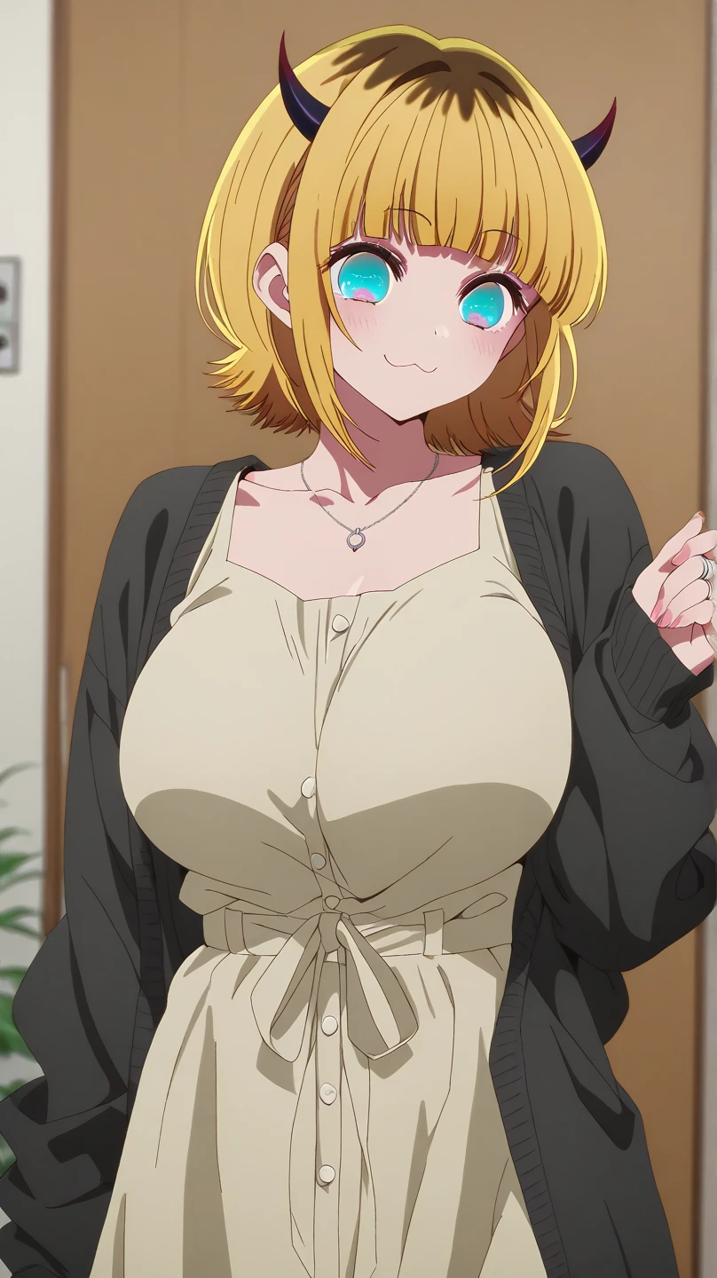 highest quality, High resolution, 8k, Anime art style, Beautiful fine details, Highly detailed face, Soft look, Stylish pose, Angelica V4,One girl,alone,Red eyes, (Collared shirt, White shirt, necklace, jewelry, Black sweater, Titty fuck, mini skirt, classroom, Cowboy Shot), Looking at the audience, Center the image, Beautiful medium large breasts, Beautiful Face, Narrow waist, Charm, Soft lighting,