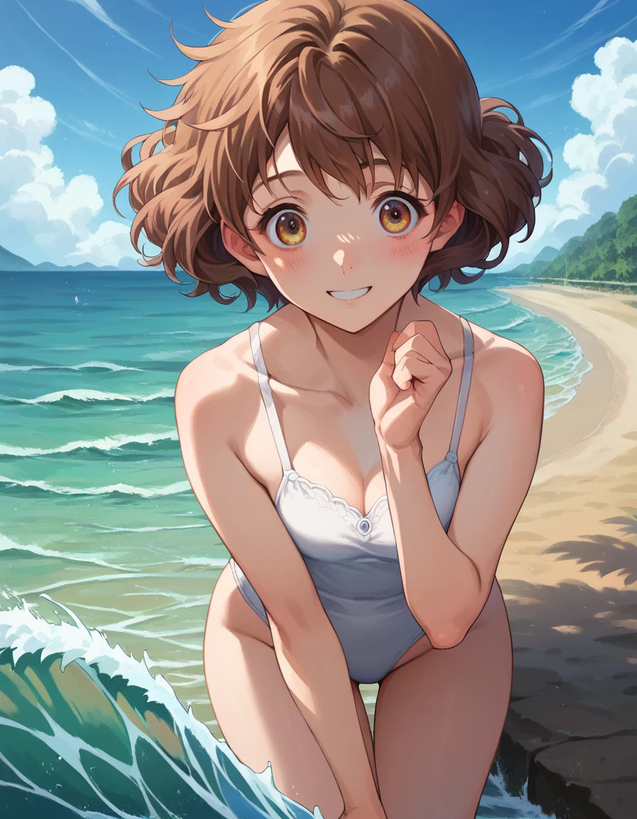 ((4K, 8k, Highest quality, Perfect Fingers:1.3, Perfect Anatomy:1.3, Blur the background)), 1 person, ((Small breasts, Cute droopy eyes, short hair, Brown Hair,)), Laughter, (Trichrome, One piece swimsuit), An angle that captures the whole body, White sand beach, smile, Open your mouth,