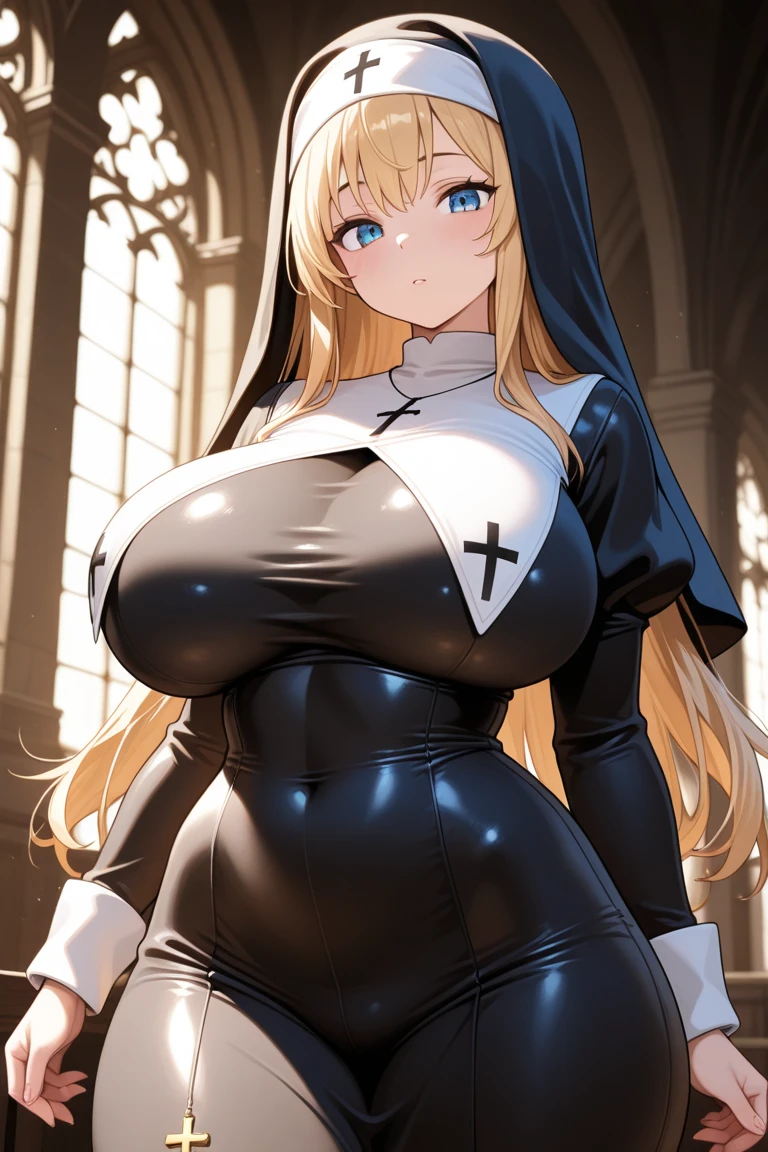 masterpiece, score_9, score_8_up, score_7_up, source_anime, best quality, extremely detailed, 1girl, solo, oriana rose, (huge breasts:1.2), ((((blonde hair), long hair, drill hair, yellow eyes, fox ears, yellow fox tail))), red lips, (((nun, latex bodysuit, pelvic curtain))), ((light smile), closed mouth), ((outdoor, buildings, raining))