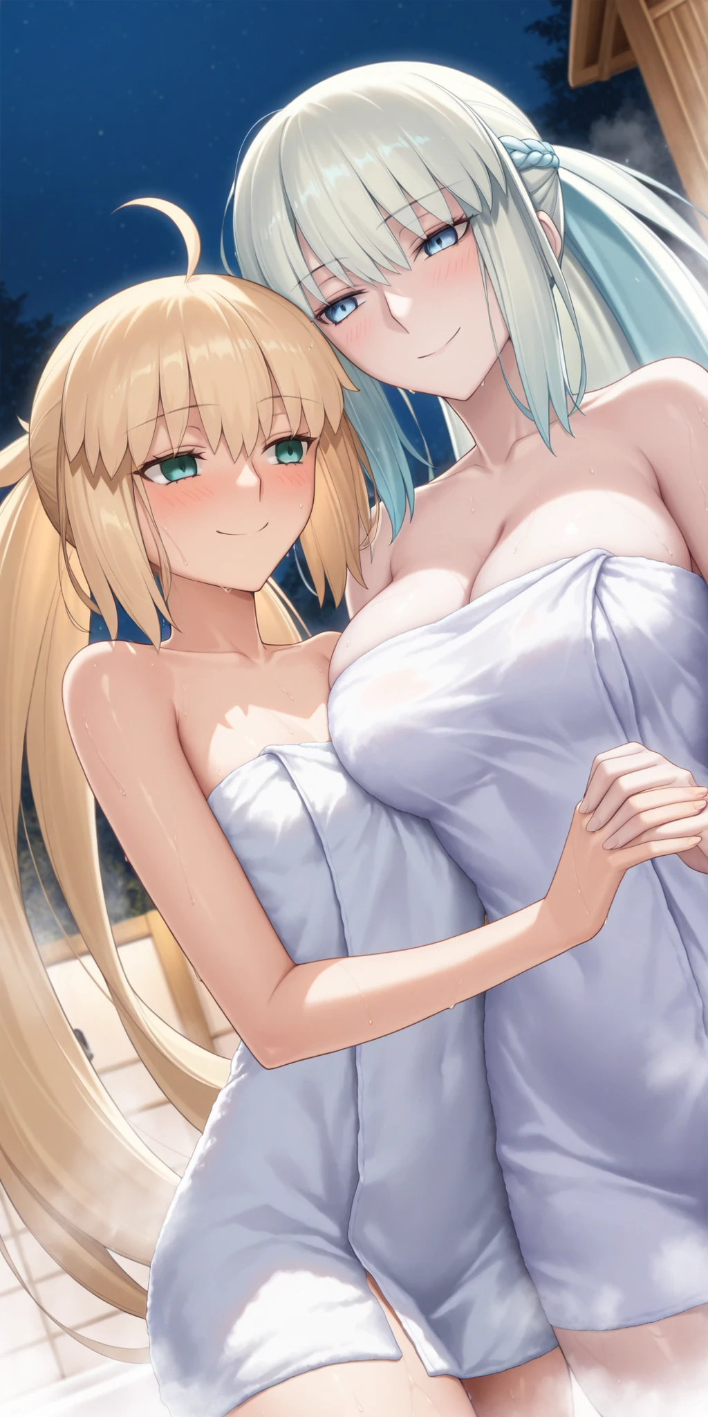 ((2 girls:1.3)), lesbian, (detailed face), (long ginger hair), Blue eyes,(fox ears:1.1), ((white wedding dress:1.3)), orgasm, (big breasts:1.3), blush, (fullbody), sexy pose, (cum:1.5), ((one girl grabbing her underboob from behind:1.3)), only two hands, (fucking each other:1.3), open legs