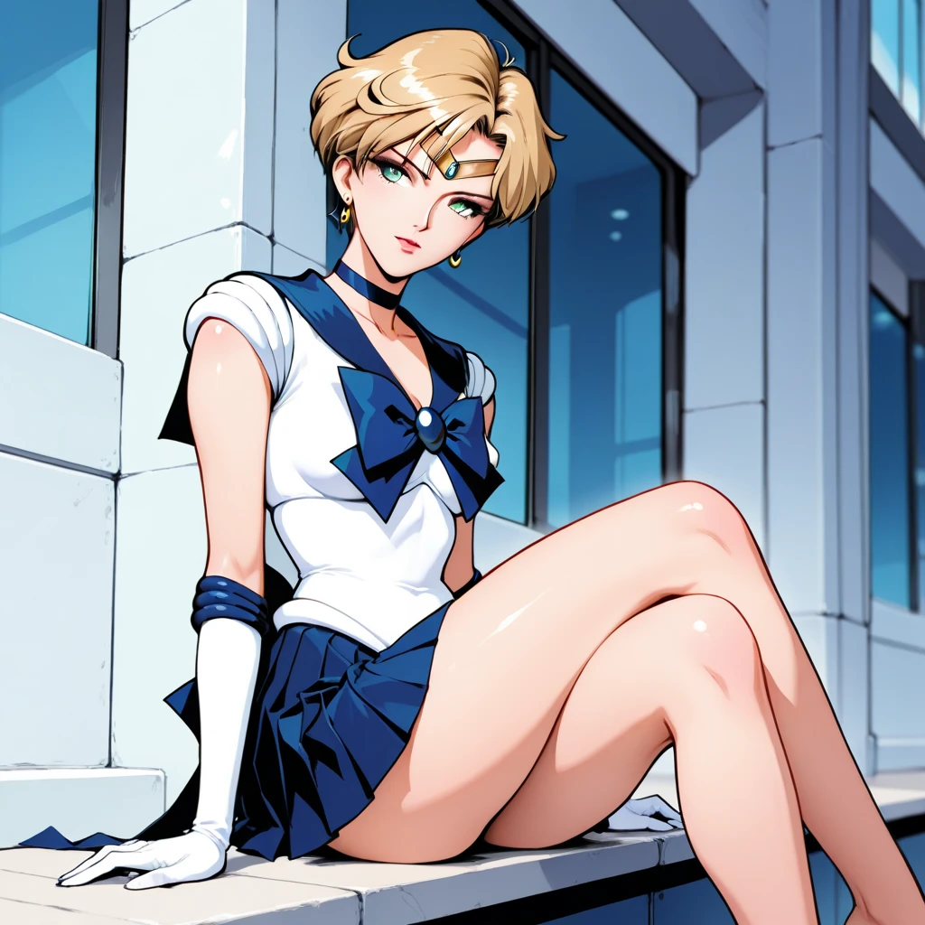 (Mejor calidad:1.1), (Obra maestra:1.4), (absurdos:1.0), retrato, de cerca,1 chica, Marinero Urano, KizukiAi, Mujer madura, small breasts, ojos aguamarina, Pelo rubio, Uniforme Marinero Senshi, cuello marinero, arco en el pecho, arco trasero, falda plisada, guantes de codo blancos, big booty, ultra mini falda , joyas, pendientes, falda plisada , Collar marinero azul, mini falda, gargantilla, blue gargantilla, guantes blancos, cabello corto, joyas, pendientes, session, piernas cruzadas, muy sexy. PIERNAS ENROSCADAS, MOSTRAR BOTIN