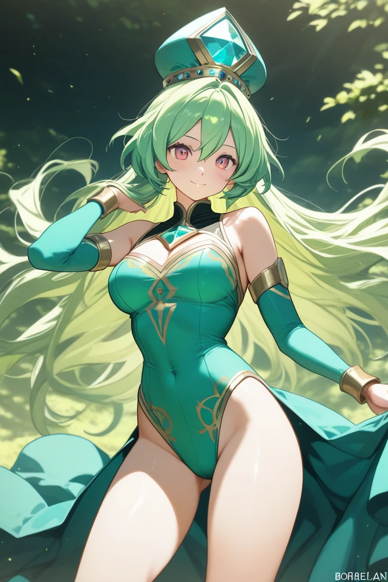 (masterpiece),(ultra-detailed), (high quality), (high resolution), (best quality:1.5, highres, UHD), highres, absurdo, ultra detail, ultra quality, (2heads:1.5), 1girl, (long hair), light green hair, glowing light blue eyes, cleavage, thighs, (green armor), female warrior, insignia, (fully armored), (medieval outfit), hammer weapon, armored chest piece, gorgeous female knight, Guild Clothes with Armor, ((mature woman)), seductive silhouette, cleavage, smooth and lustrous skin, sexy proportions, slim legs, ((beautifully tall and slim woman)), futuristic city