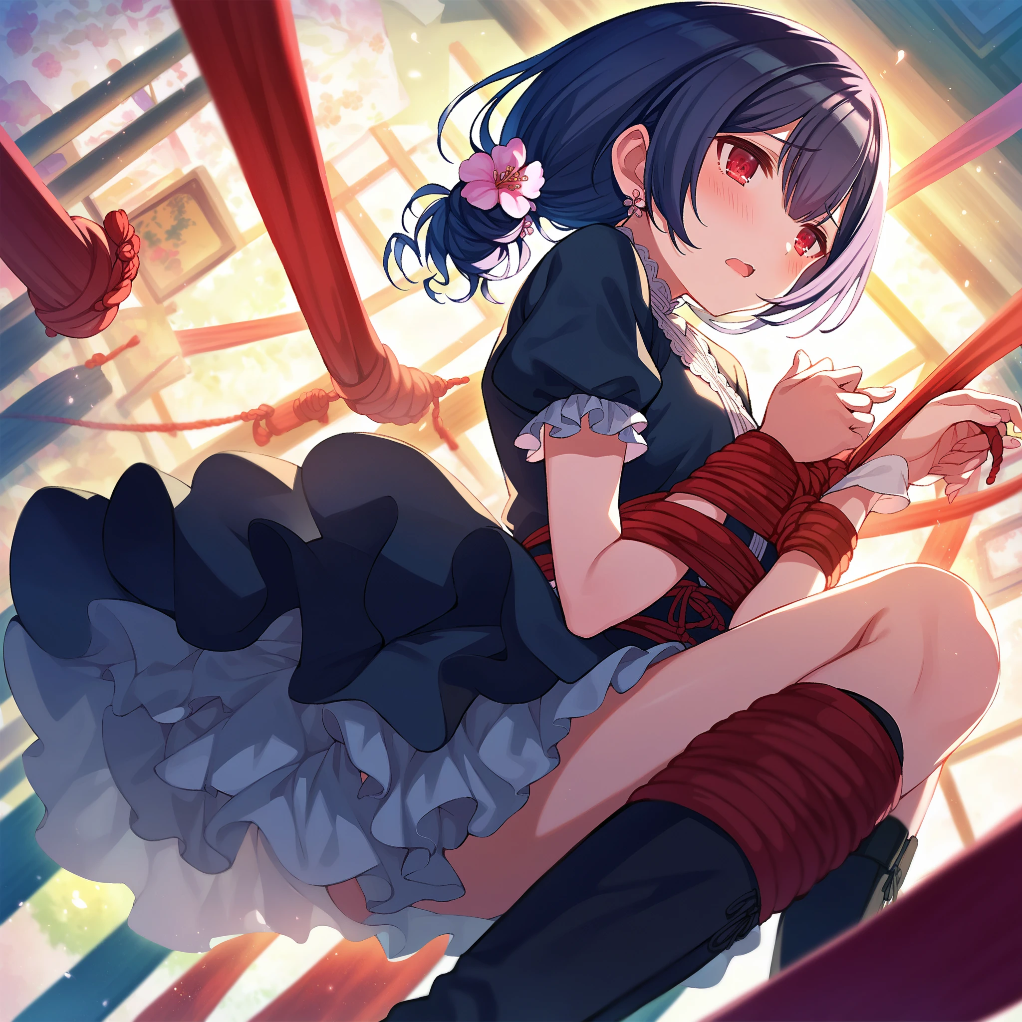 A girl in a blazer uniform with a floral bra and floral print is tied up behind her back with a rope while standing in a Japanese-style room and crying in disgust.pPantyhose nipples erect, black hair, short bob, small breasts, pale pubic hair girl、From head to ankle
