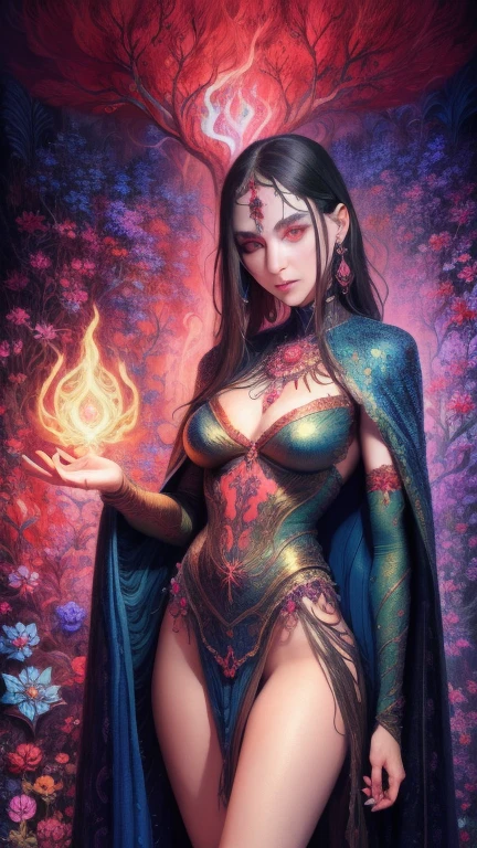 Lucy Liu, age 25, (bright red sexy asian witch lingerie (stomach exposed, breast drapes) wielding spells (strips of paper with kanji), approaching a spooky ghost with many tentacles
