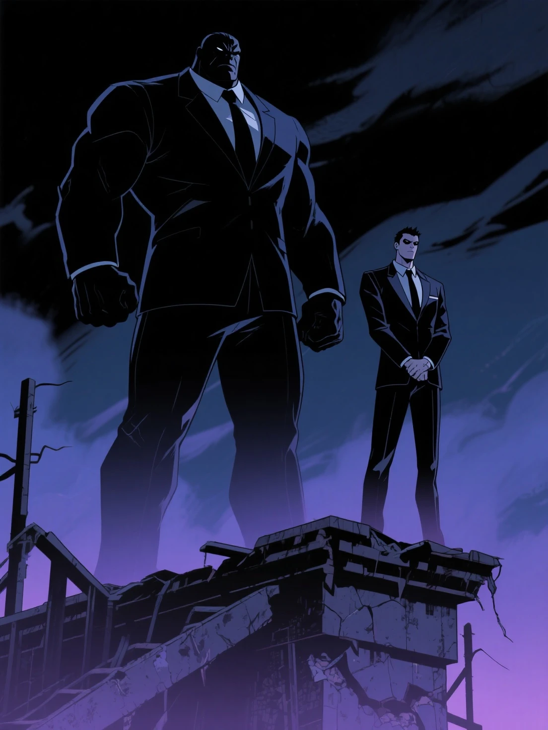 masculine man, high , muscular , with full black suit and open black trench coat , TV head, black belt and black gloves ,Delgado