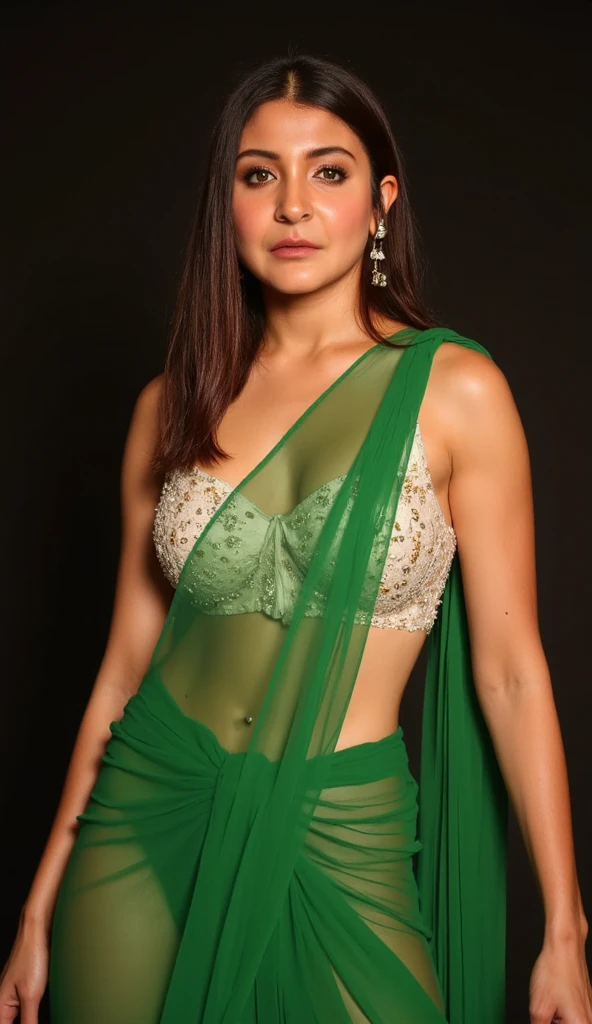 Scarlett Johansson the woman wearing green saree and red lipstick who is very chubby 