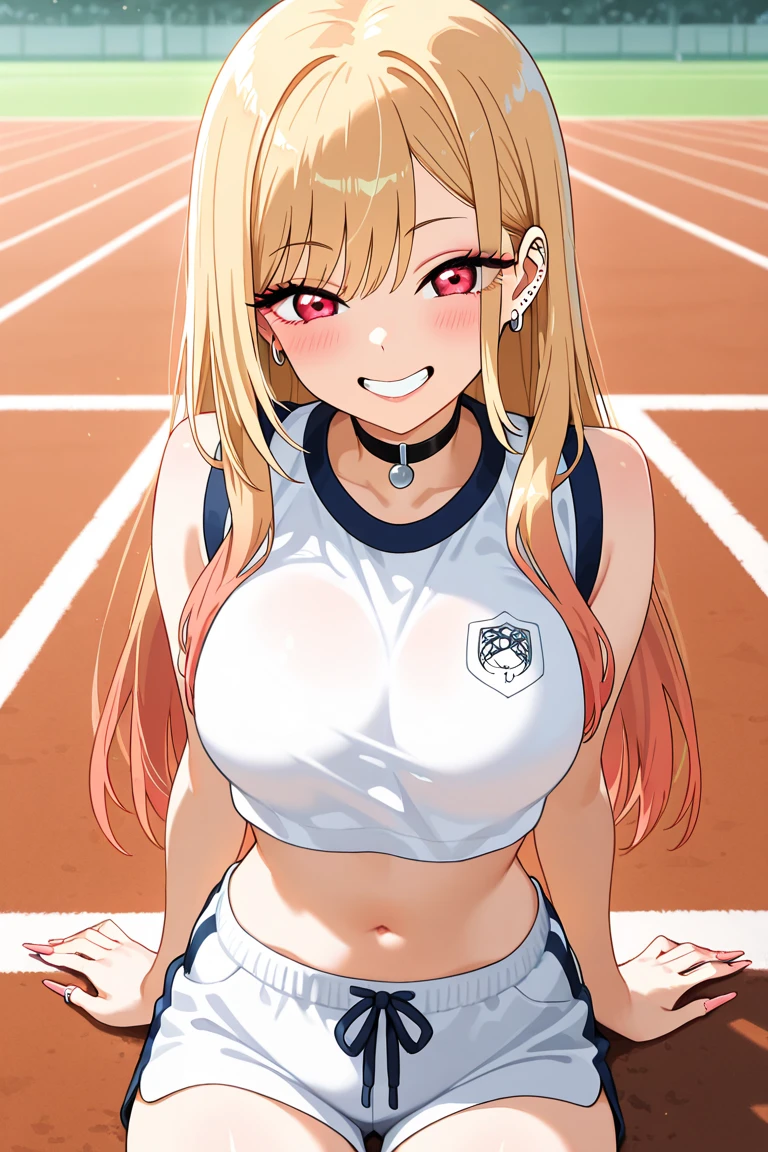 Masterpiece, best quality, 1girl, solo, teen, quarter Japanese, blonde hair, long hair, purple eyes, side parted bangs, short bangs, smile, medium breasts, sports bra, buruma, outdoors, track and field, smug
